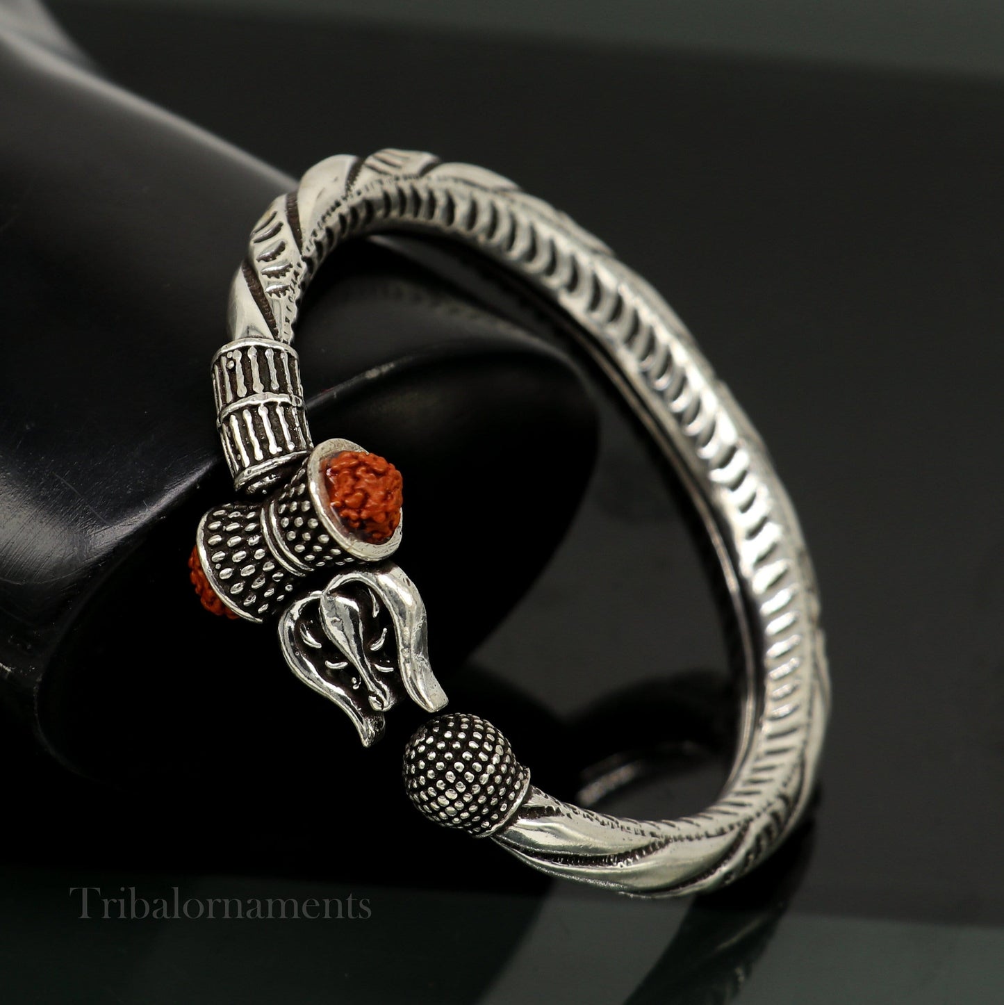 925 Sterling silver handmade chitai work Lord Shiva trident trishul kada bangle bracelet with natural Rudraksha customized kada nssk470 - TRIBAL ORNAMENTS
