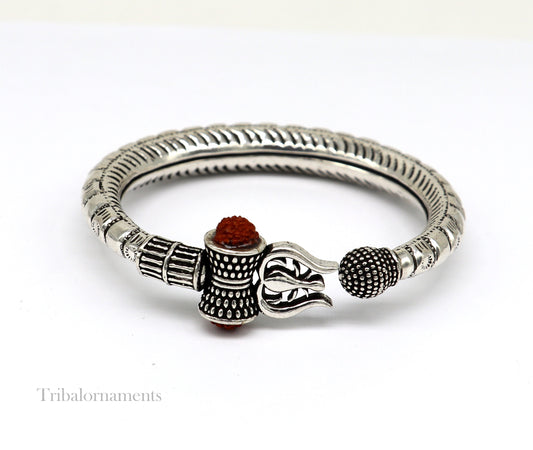925 Sterling silver handmade chitai work idol Shiva trident trishul kada bangle bracelet, Rudraksha customized bahubali bangle nssk464 - TRIBAL ORNAMENTS
