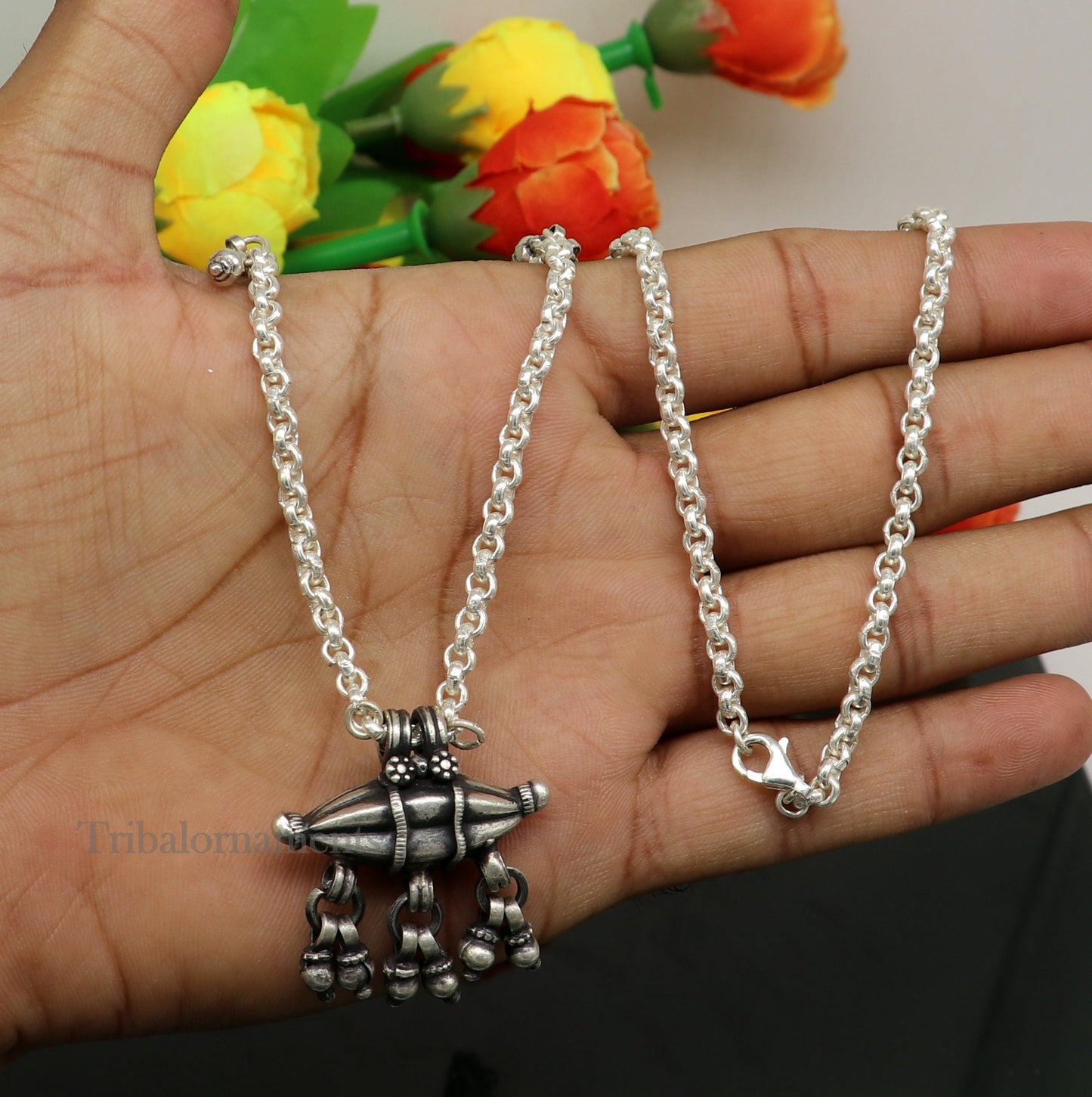 Vintage antique design 925 sterling silver handmade Mangalsutra style 25" long necklace, gorgeous pendant, best tribal ethnic jewelry set265 - TRIBAL ORNAMENTS