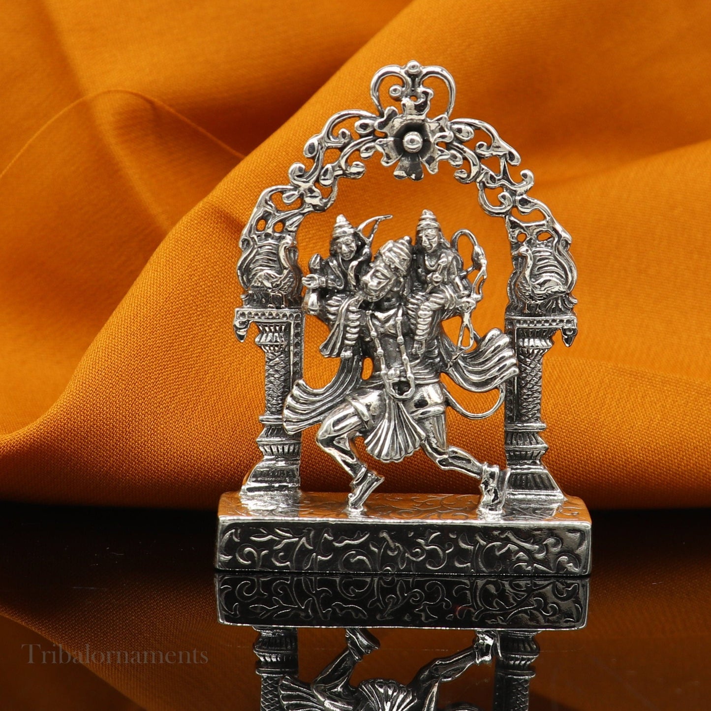 925 sterling silver handmade Divine Hindu god Hanuman with Rama and Laxman blessing Statue, amazing Divine figurine puja article art174 - TRIBAL ORNAMENTS