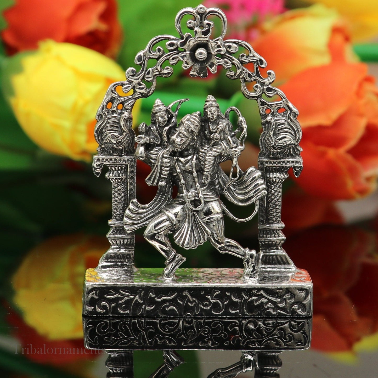 925 sterling silver handmade Divine Hindu god Hanuman with Rama and Laxman blessing Statue, amazing Divine figurine puja article art174 - TRIBAL ORNAMENTS