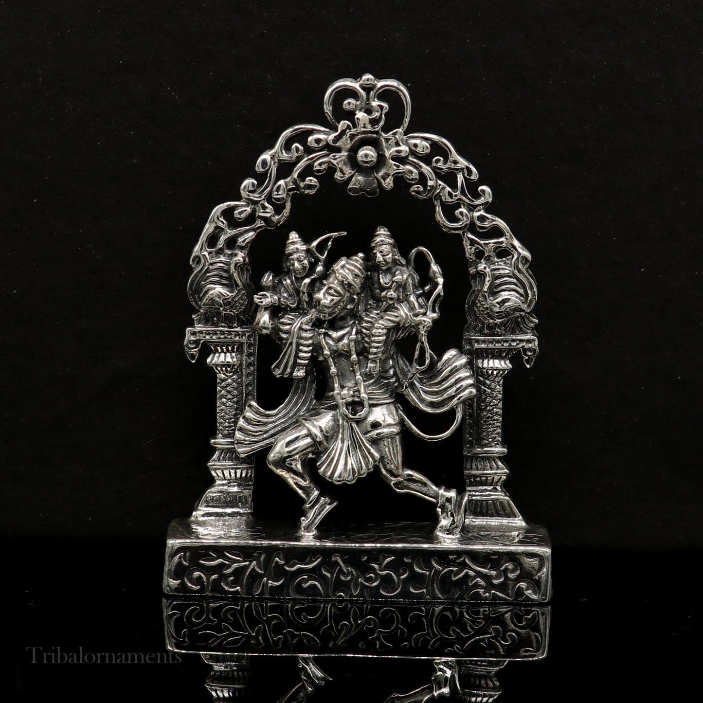 925 sterling silver handmade Divine Hindu god Hanuman with Rama and Laxman blessing Statue, amazing Divine figurine puja article art174 - TRIBAL ORNAMENTS