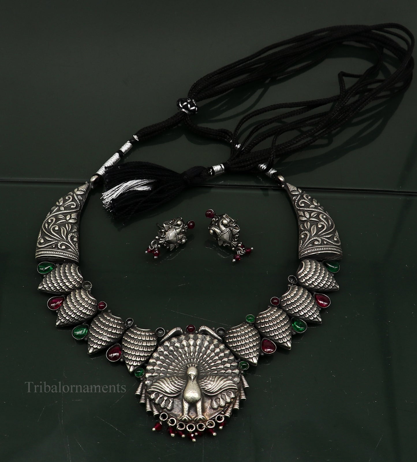 925 sterling silver handmade fabulous dancing peacock trendy adjustable belly dance necklace, best brides Guttapusalu necklace set248 - TRIBAL ORNAMENTS