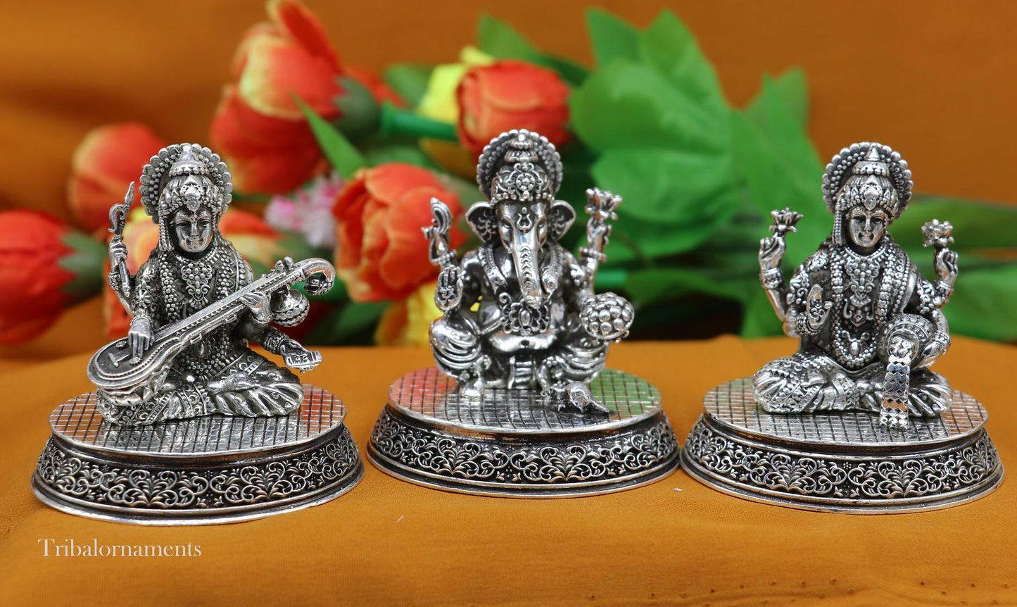 2.3" heights 925 Sterling silver handmade Hindu idols Laxmi, Ganesha and Saraswati statue, puja article figurine, best Diwali puja art - TRIBAL ORNAMENTS
