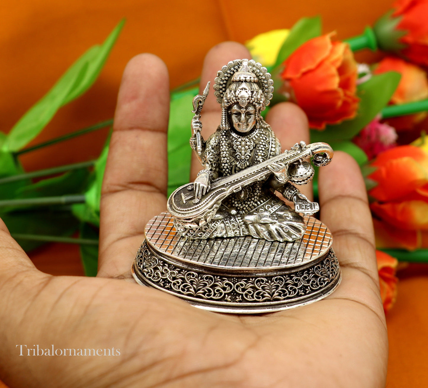 2.3" heights 925 Sterling silver handmade Hindu idols Laxmi, Ganesha and Saraswati statue, puja article figurine, best Diwali puja art - TRIBAL ORNAMENTS