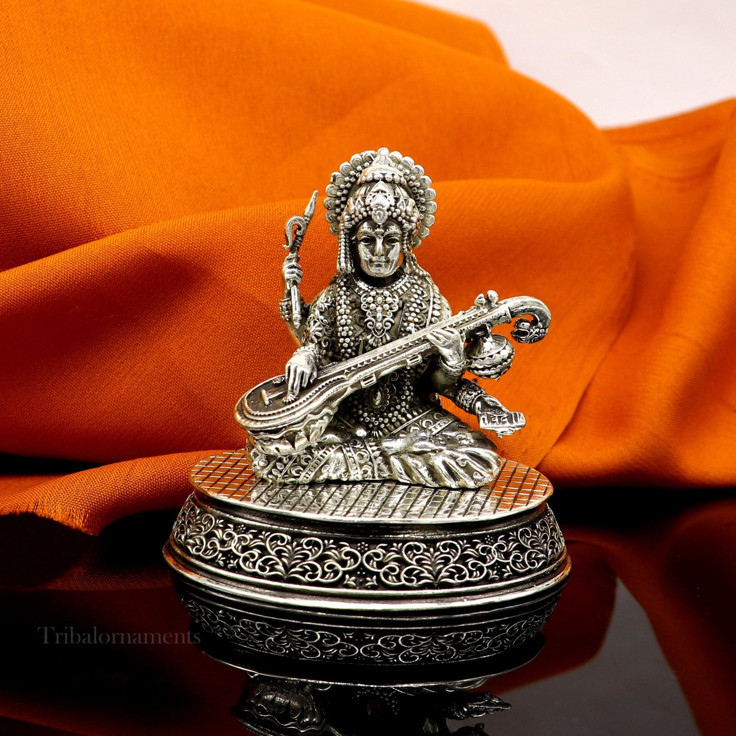 925 Sterling silver handmade customized Hindu idol Saraswati sharda maa statue, puja article figurine,Diwali puja gift Articles art219 - TRIBAL ORNAMENTS