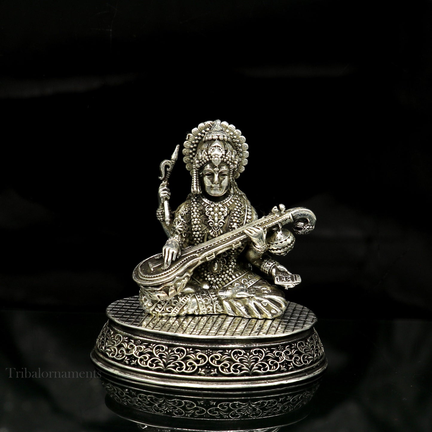 925 Sterling silver handmade customized Hindu idol Saraswati sharda maa statue, puja article figurine,Diwali puja gift Articles art219 - TRIBAL ORNAMENTS