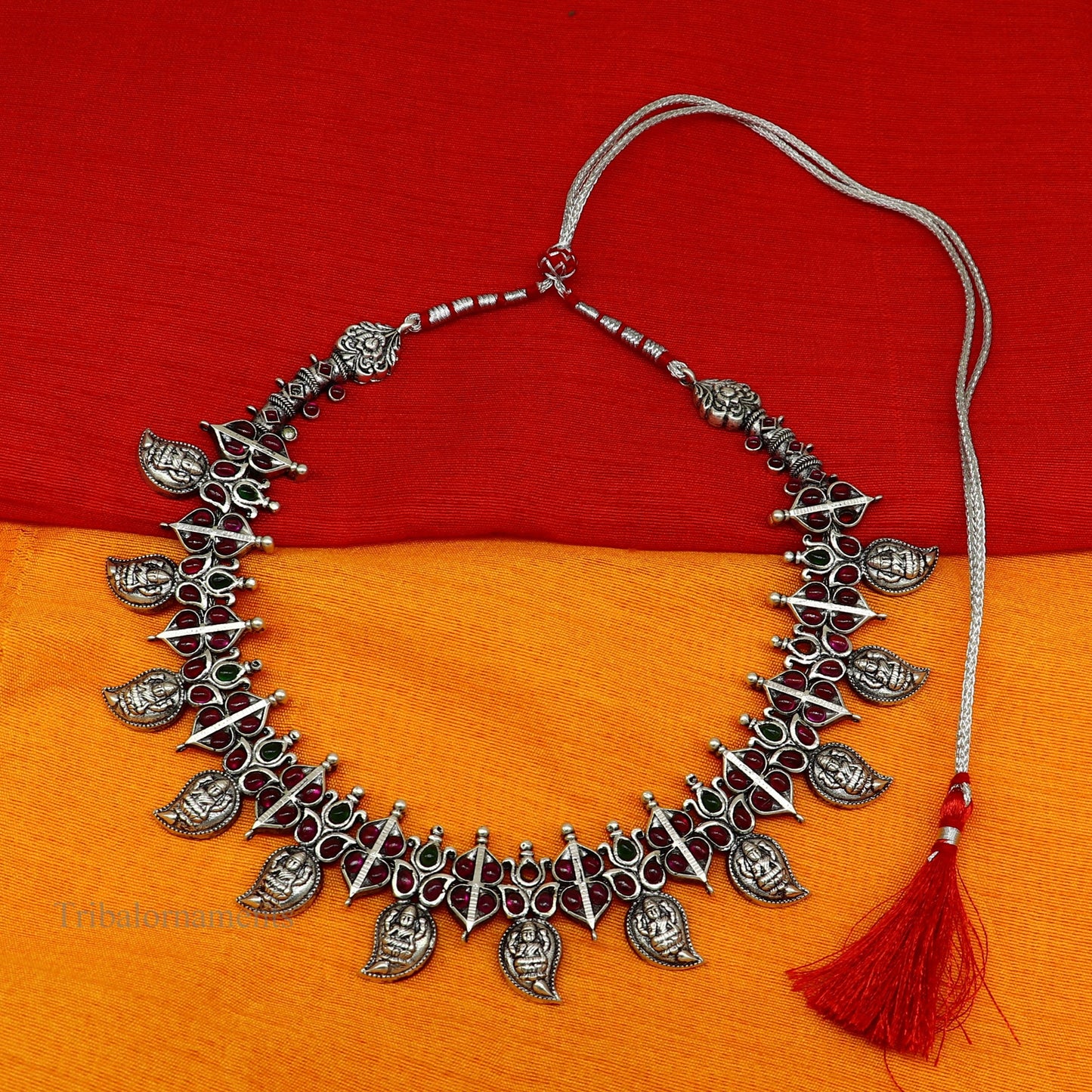 925 sterling silver handmade Goddess Laxmi stylish cut stone work necklace, wedding brides charm wedding Guttapusalu necklace jewelry set257 - TRIBAL ORNAMENTS