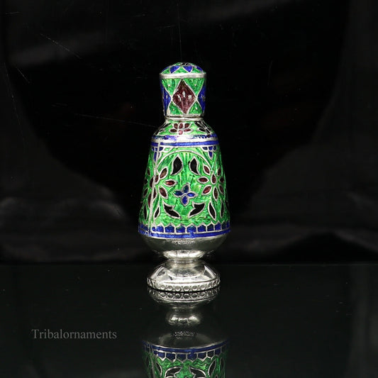 Vintage floral design 925 sterling silver Sindoor box, Kumkum box/ trinket box bridal enamel jewelry collection from Rajasthan india stb217 - TRIBAL ORNAMENTS