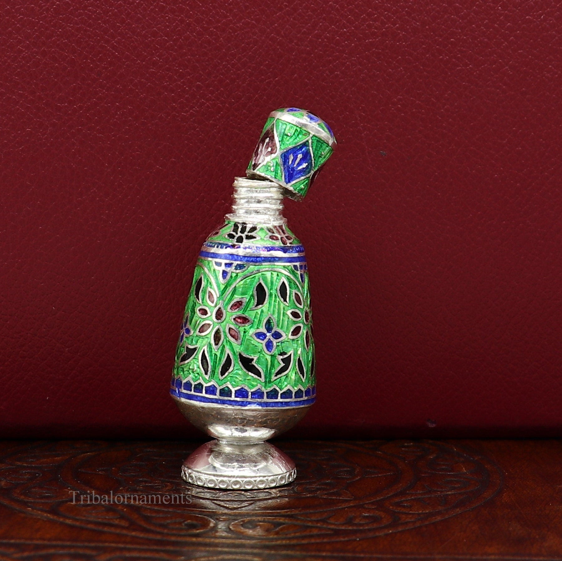 Vintage floral design 925 sterling silver Sindoor box, Kumkum box/ trinket box bridal enamel jewelry collection from Rajasthan india stb217 - TRIBAL ORNAMENTS