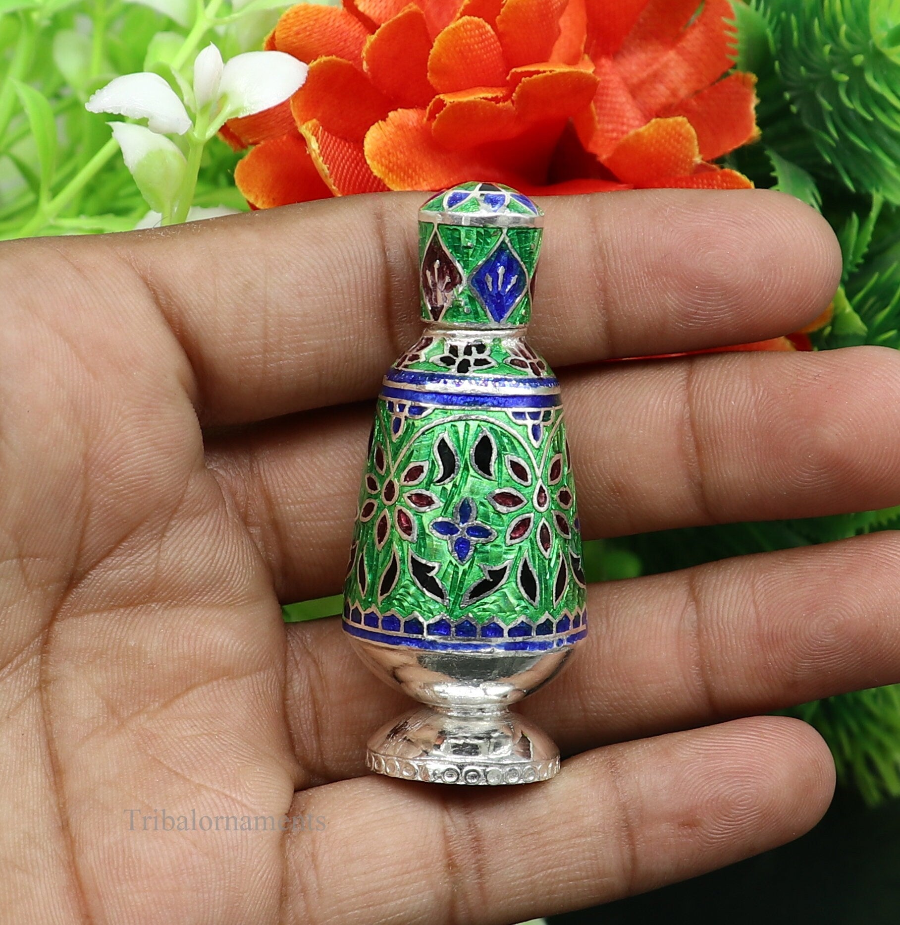 Vintage floral design 925 sterling silver Sindoor box, Kumkum box/ trinket box bridal enamel jewelry collection from Rajasthan india stb217 - TRIBAL ORNAMENTS
