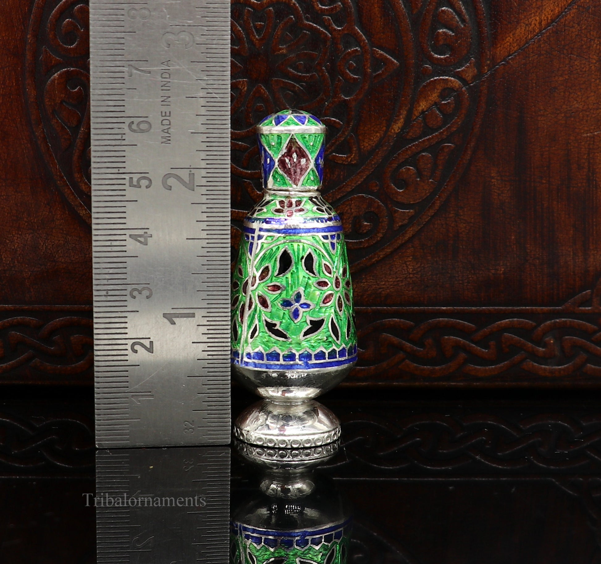 Vintage floral design 925 sterling silver Sindoor box, Kumkum box/ trinket box bridal enamel jewelry collection from Rajasthan india stb217 - TRIBAL ORNAMENTS