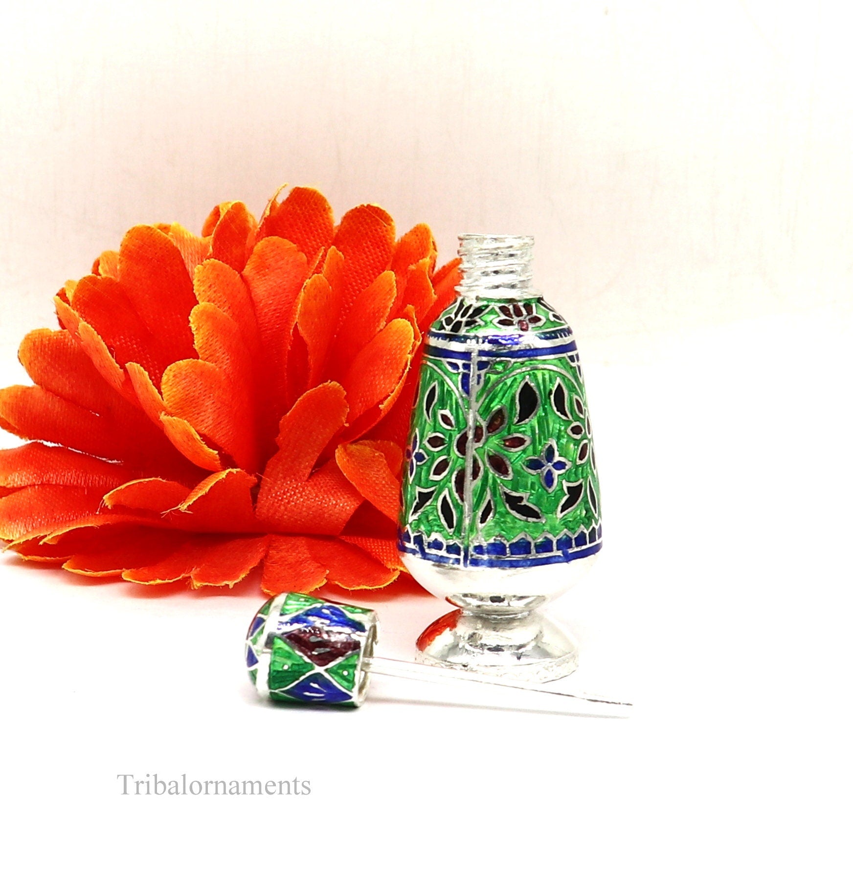 Vintage floral design 925 sterling silver Sindoor box, Kumkum box/ trinket box bridal enamel jewelry collection from Rajasthan india stb217 - TRIBAL ORNAMENTS