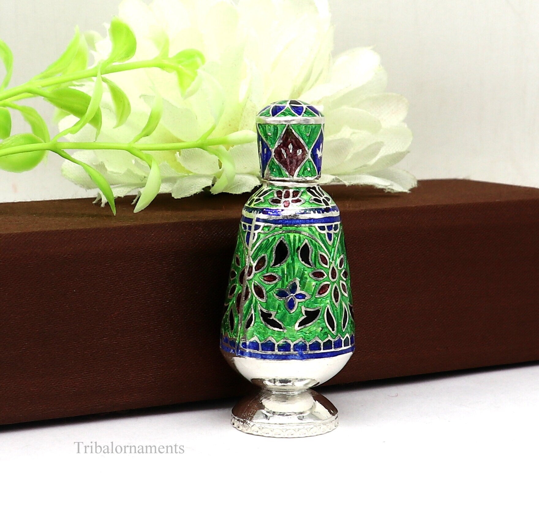 Vintage floral design 925 sterling silver Sindoor box, Kumkum box/ trinket box bridal enamel jewelry collection from Rajasthan india stb217 - TRIBAL ORNAMENTS