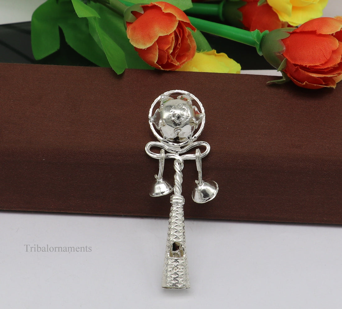 Solid sterling silver handmade design new born baby gifting bells toy, baby krishna gifting toy, silver whistle, silver temple article su407 - TRIBAL ORNAMENTS