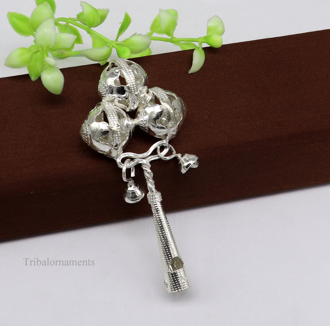 Solid sterling silver handmade design new born baby gifting bells toy, baby krishna gifting toy, silver whistle, silver temple article su408 - TRIBAL ORNAMENTS