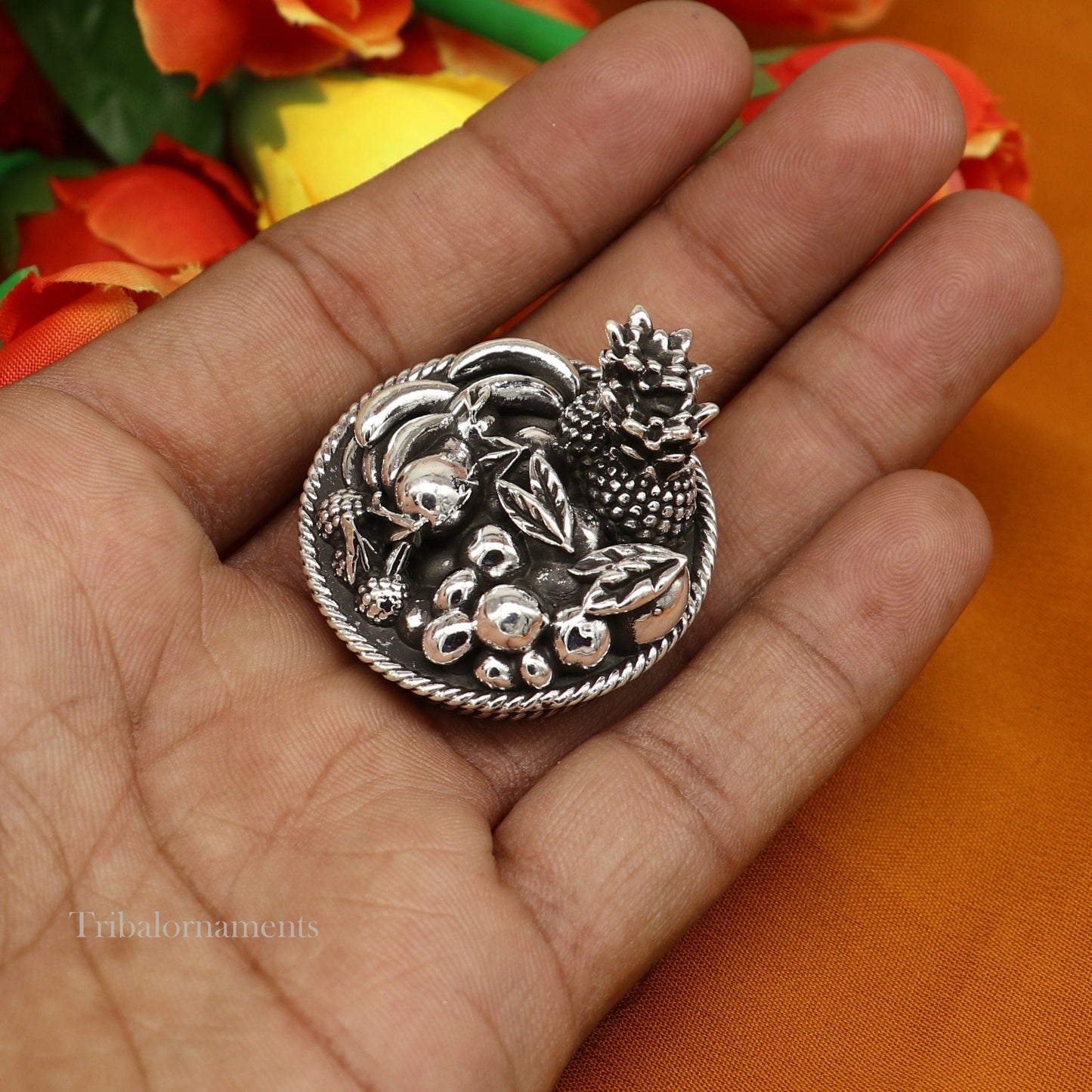 925 sterling silver handmade fabulous small mini fruit basket for puja or worshipping, solid Diwali puja article utensils gifting art su495 - TRIBAL ORNAMENTS