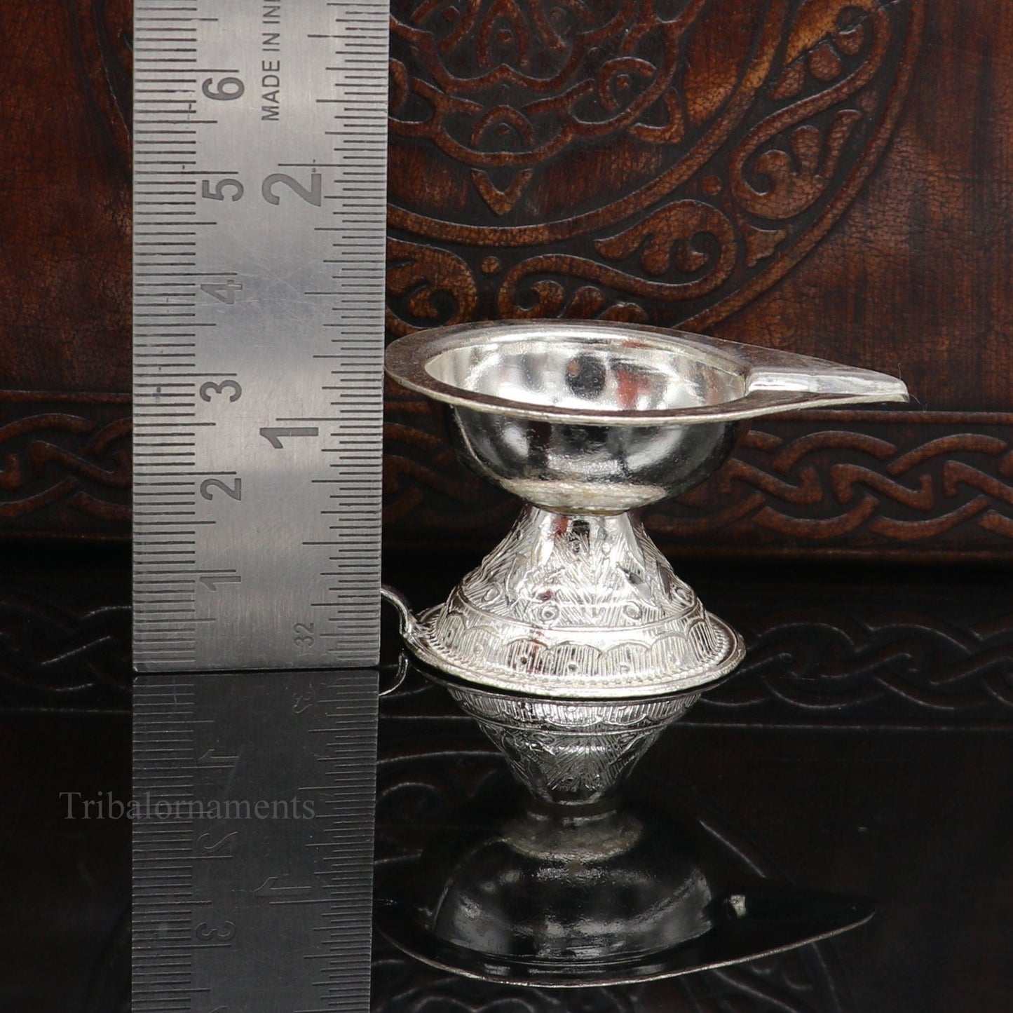 Diwali puja special silver handmade kappor dani , silver temple utensils, silver diya, deepak, silver single joth kapoor Aarti art su413 - TRIBAL ORNAMENTS