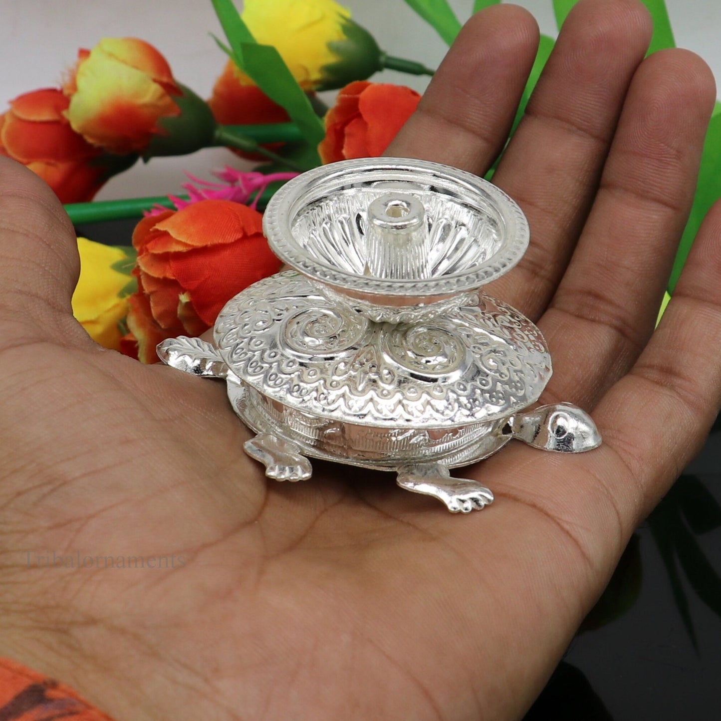 Diwali puja special solid silver handmade tortoise design oil lamp, silver deepak diya, silver temple utensils ,silver puja articles su414 - TRIBAL ORNAMENTS