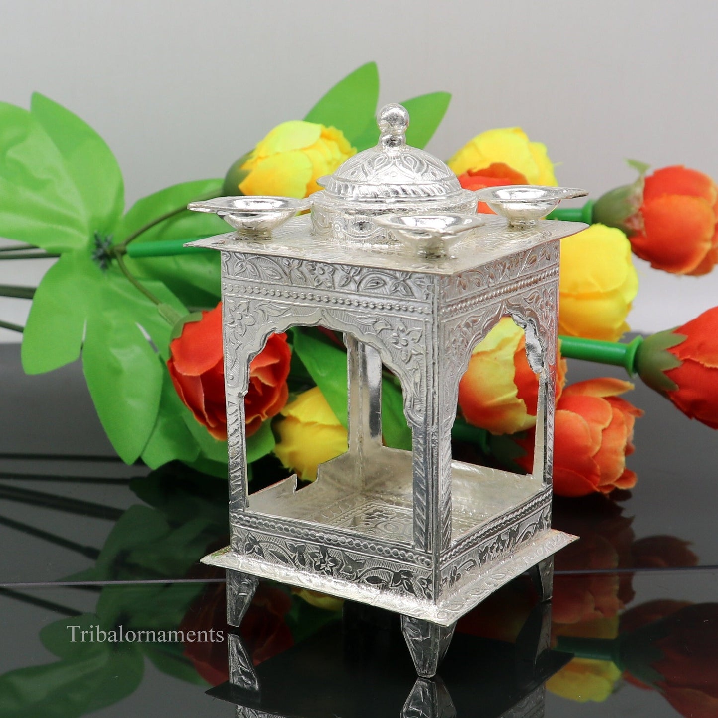 925 sterling silver handmade vintage antique design Hatri, best puja article with 5 lamp on it, best home temple decor utensils indiasu421 - TRIBAL ORNAMENTS