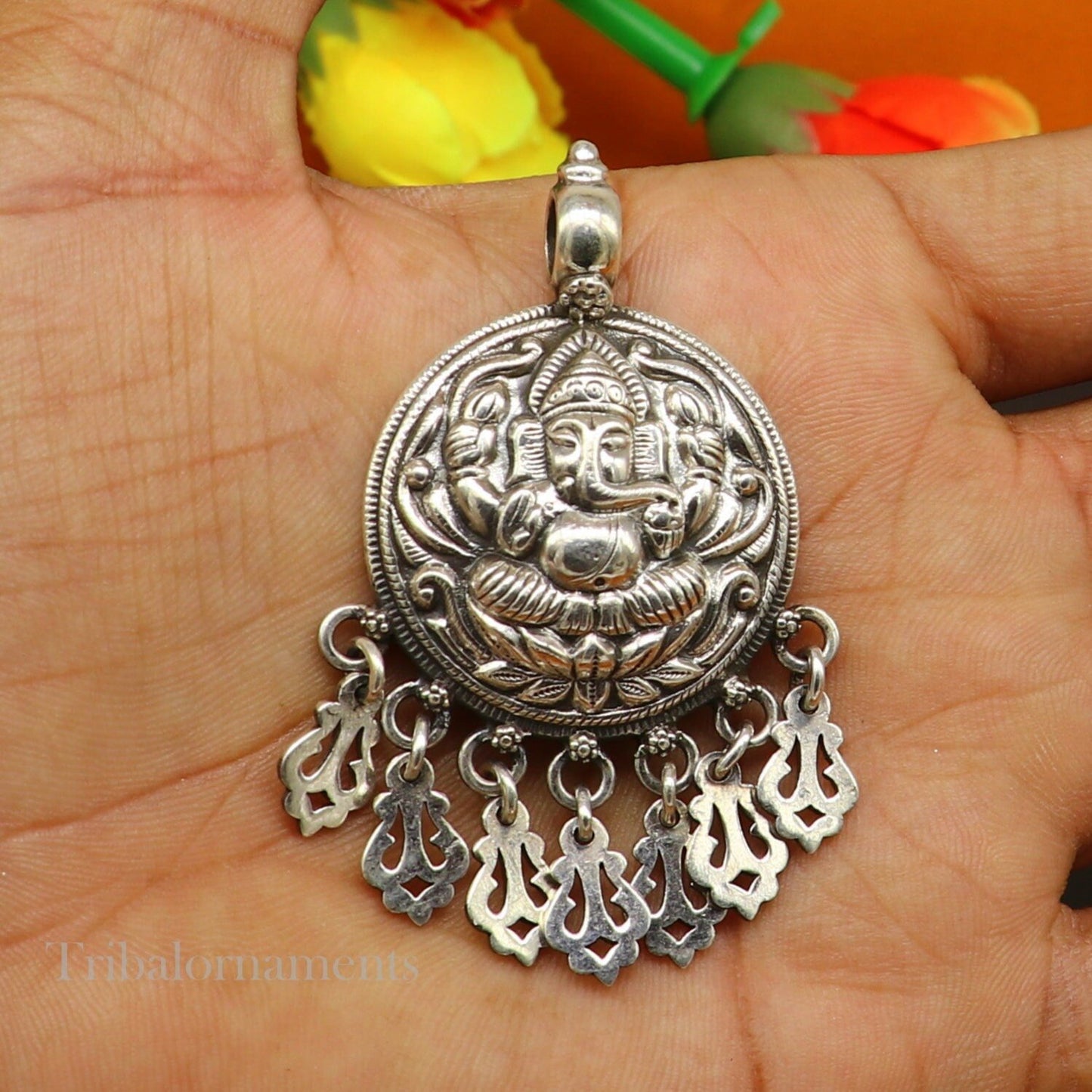 Lord Ganesha vintage style pendant handmade 925 sterling silver pendant with stunning hangings tribal jewelry pendant necklace india ssp835 - TRIBAL ORNAMENTS