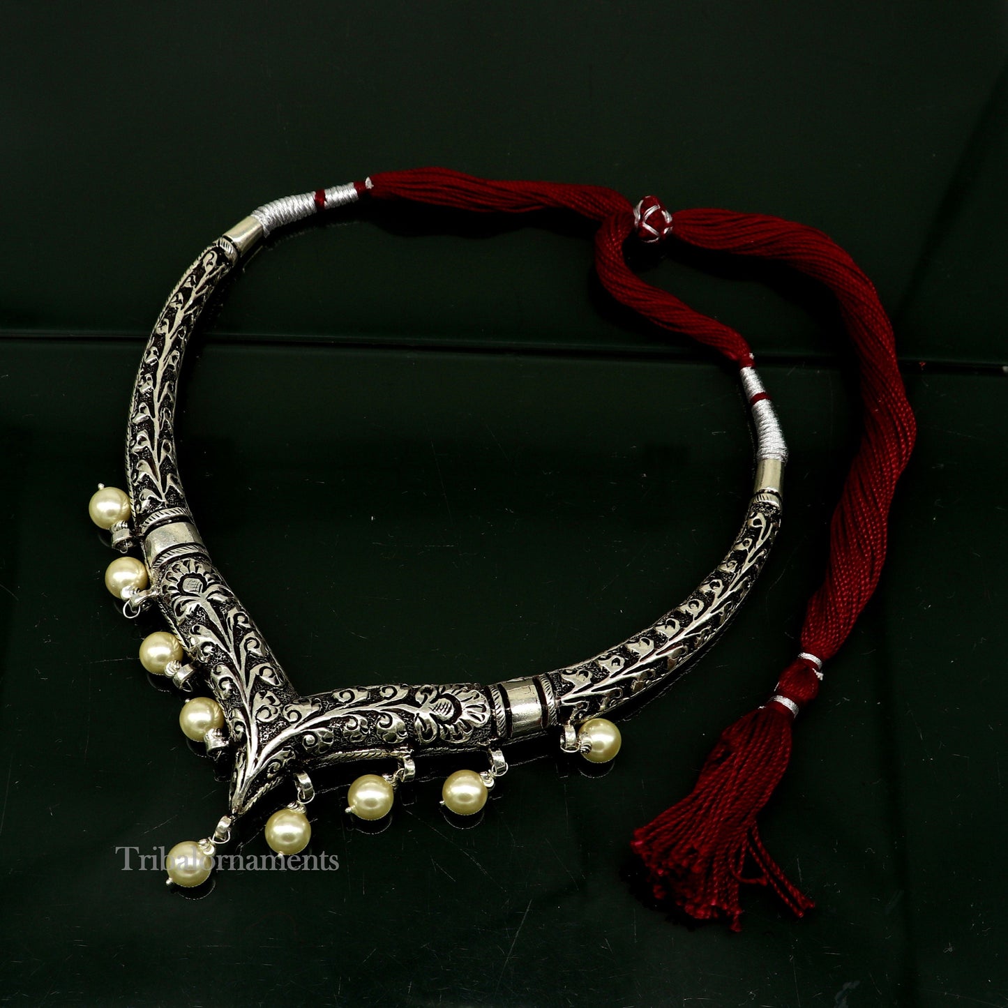 Vintage Indian traditional style trendy 92.5 sterling silver chitai/kandrai work charm necklace, choker tribal ethnic jewelry nec278 - TRIBAL ORNAMENTS