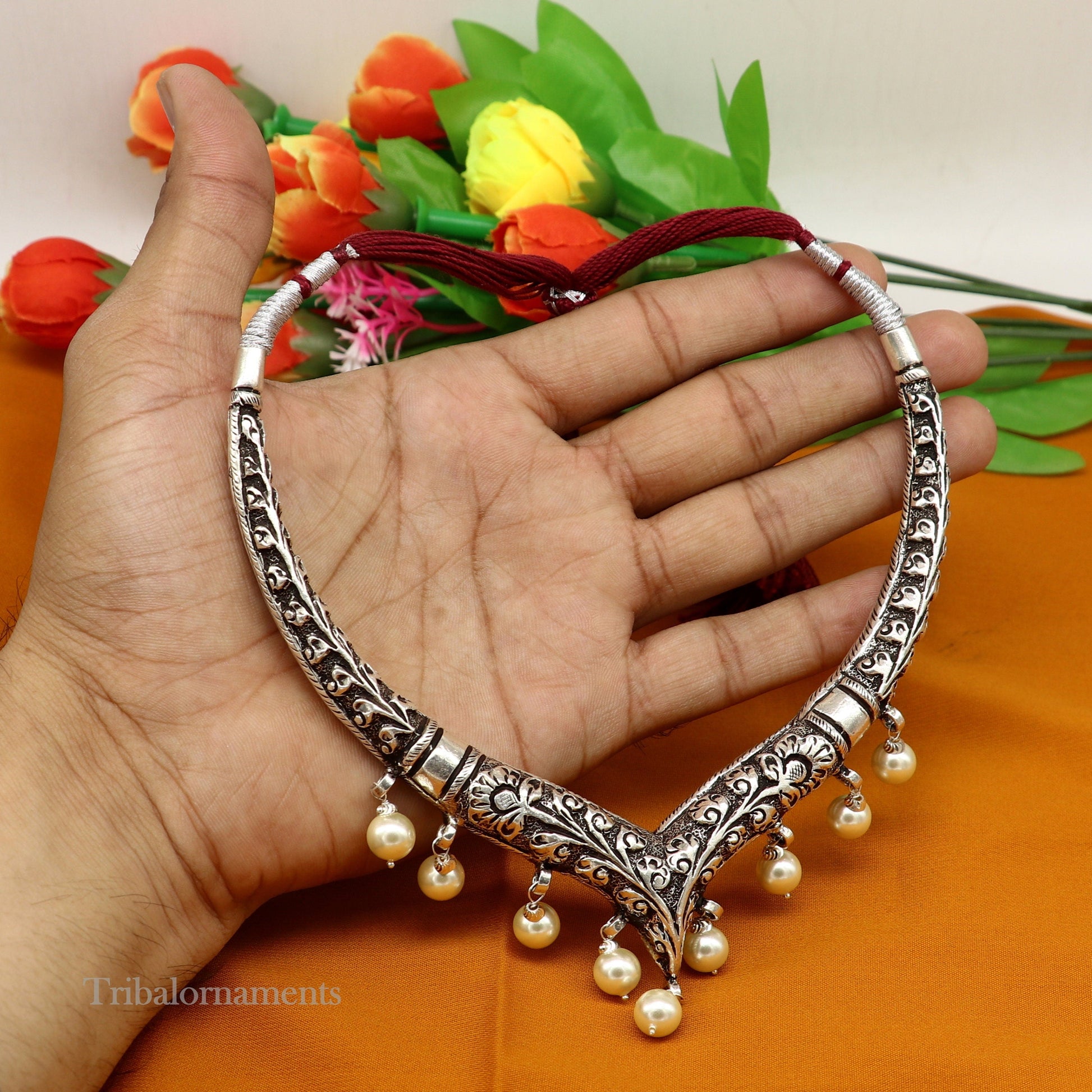 Vintage Indian traditional style trendy 92.5 sterling silver chitai/kandrai work charm necklace, choker tribal ethnic jewelry nec278 - TRIBAL ORNAMENTS