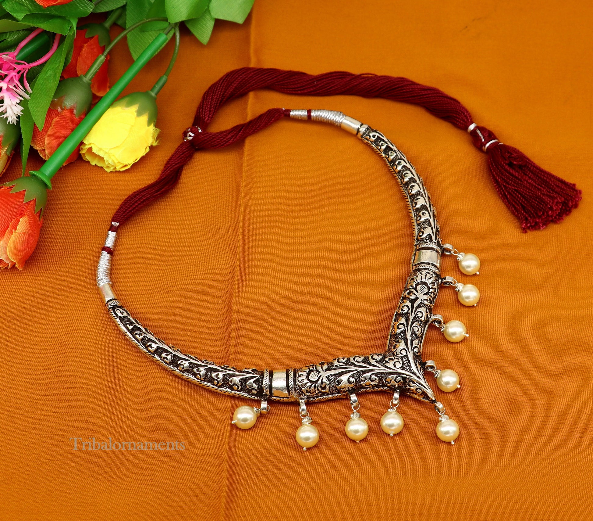 Vintage Indian traditional style trendy 92.5 sterling silver chitai/kandrai work charm necklace, choker tribal ethnic jewelry nec278 - TRIBAL ORNAMENTS