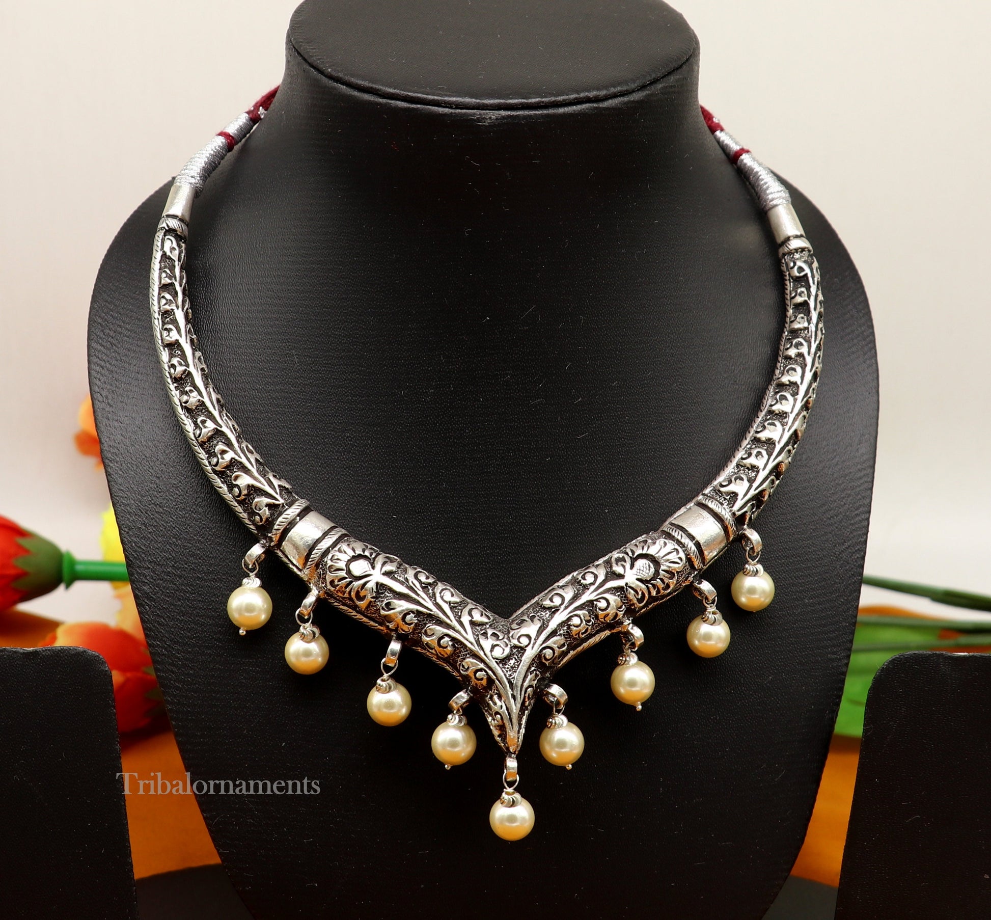 Vintage Indian traditional style trendy 92.5 sterling silver chitai/kandrai work charm necklace, choker tribal ethnic jewelry nec278 - TRIBAL ORNAMENTS