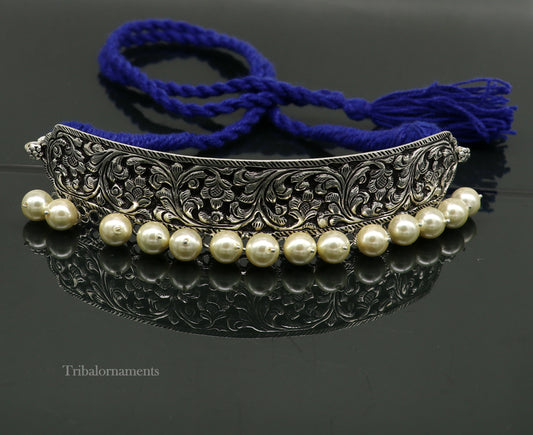 Floral work vintage design hanging pearl 92.5 sterling silver customized chitai/kandrai work charm necklace, choker tribal jewelry nec276 - TRIBAL ORNAMENTS