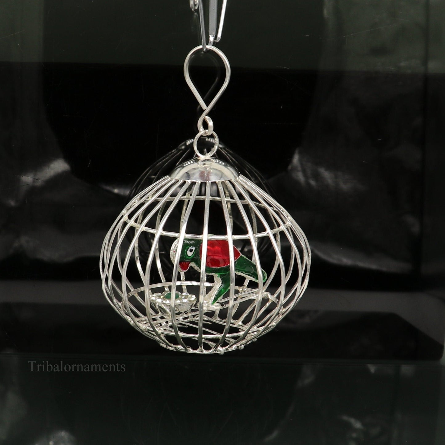 Solid sterling silver handmade toy for idlo krishna, silver parrot with cage, silver article for gifting to God or idol Krishna, su444 - TRIBAL ORNAMENTS