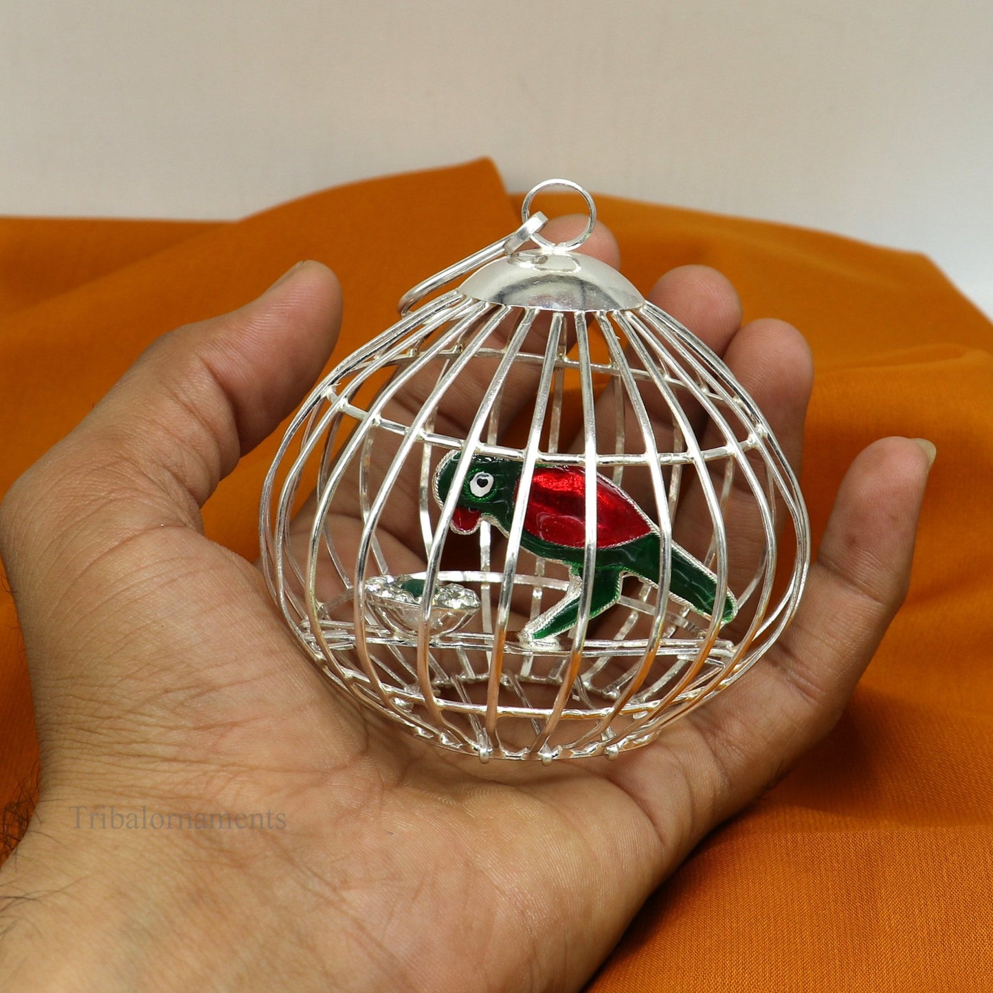 Solid sterling silver handmade toy for idlo krishna, silver parrot with cage, silver article for gifting to God or idol Krishna, su444 - TRIBAL ORNAMENTS