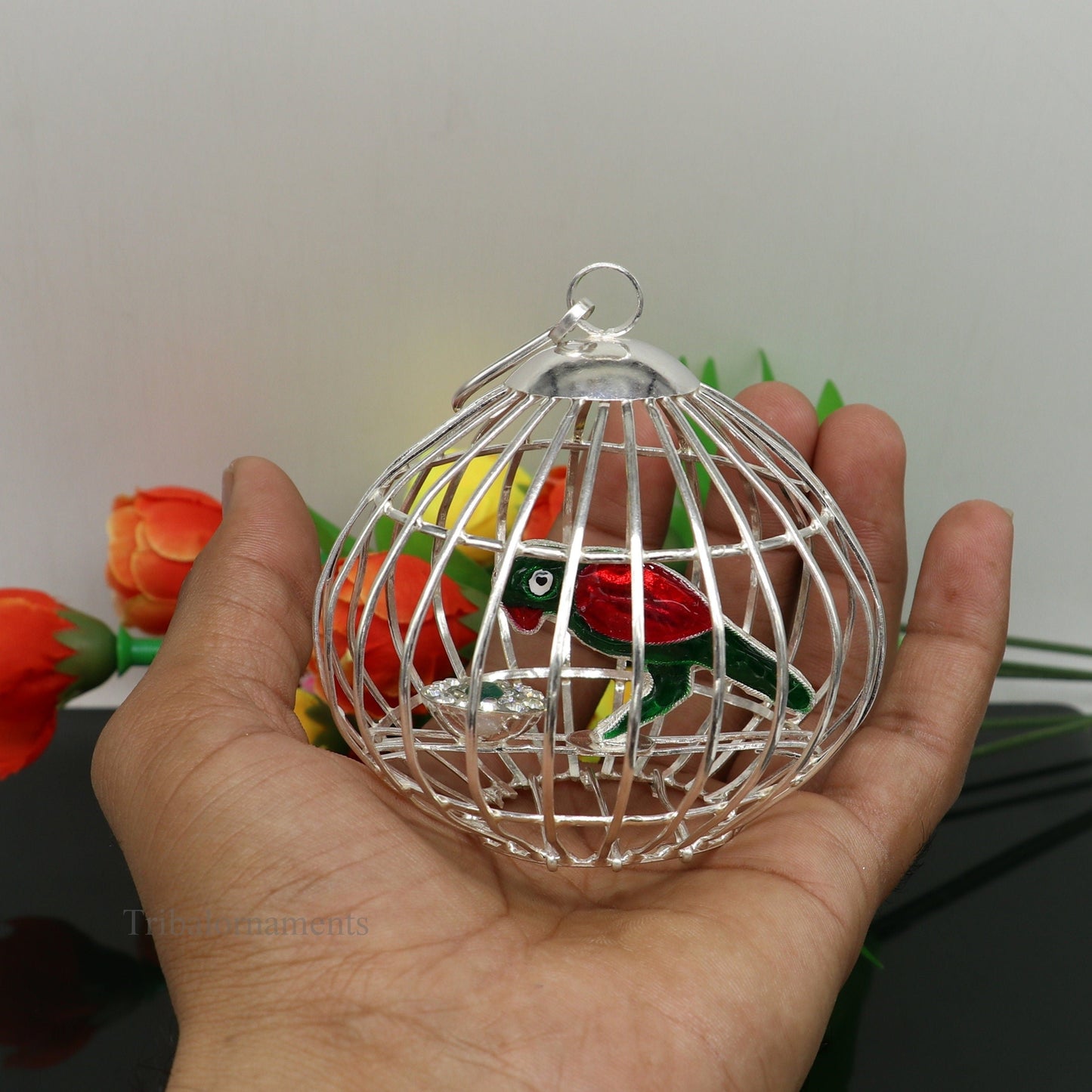 Solid sterling silver handmade toy for idlo krishna, silver parrot with cage, silver article for gifting to God or idol Krishna, su444 - TRIBAL ORNAMENTS