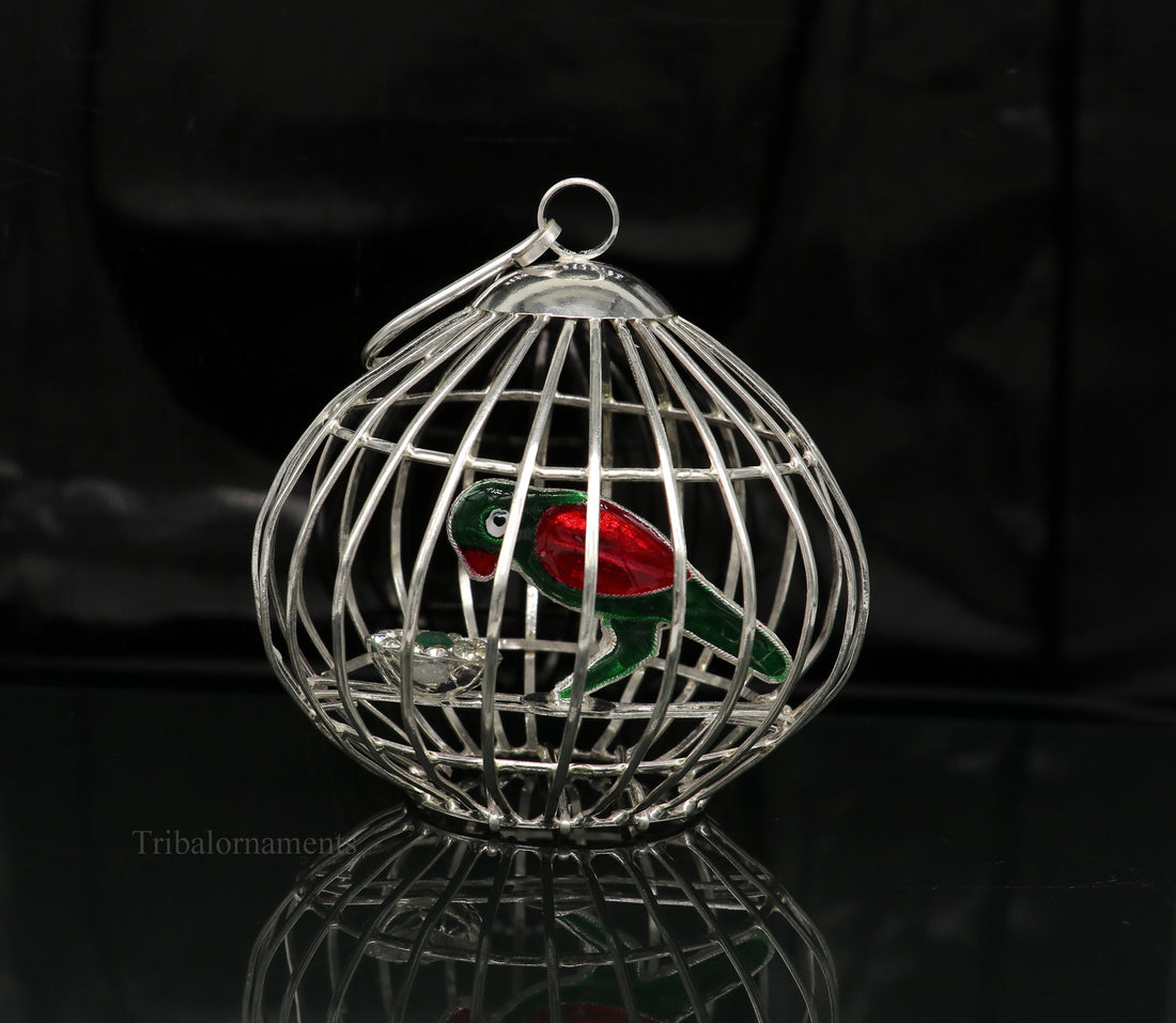 Solid sterling silver handmade toy for idlo krishna, silver parrot with cage, silver article for gifting to God or idol Krishna,  su444 - TRIBAL ORNAMENTS