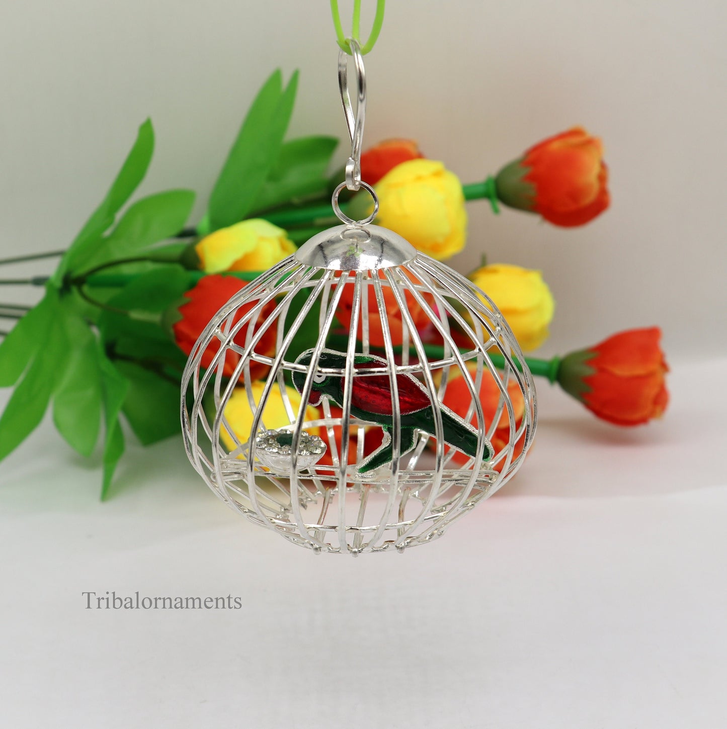 Solid sterling silver handmade toy for idlo krishna, silver parrot with cage, silver article for gifting to God or idol Krishna, su444 - TRIBAL ORNAMENTS