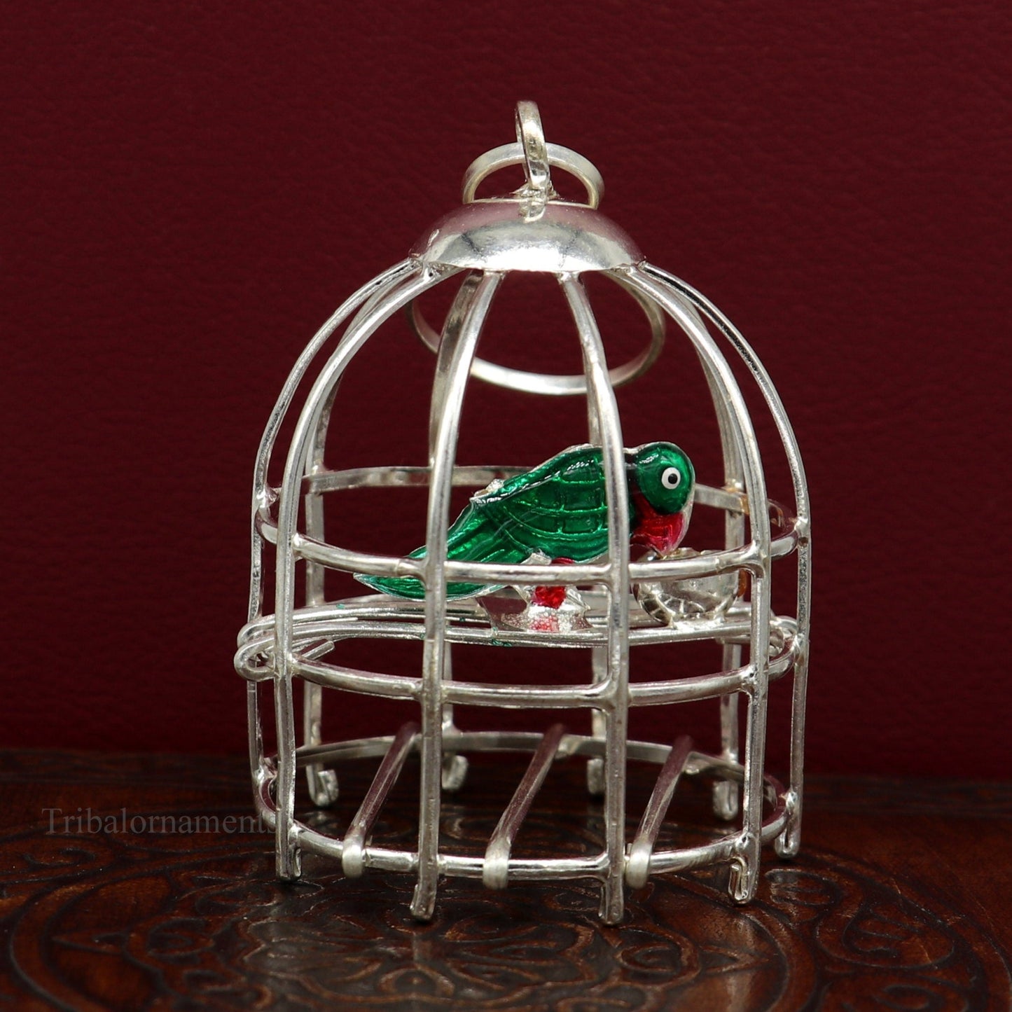 Solid sterling silver handmade toy for idol krishna, silver parrot with cage, silver article for gifting to God or idol Krishna, su446 - TRIBAL ORNAMENTS
