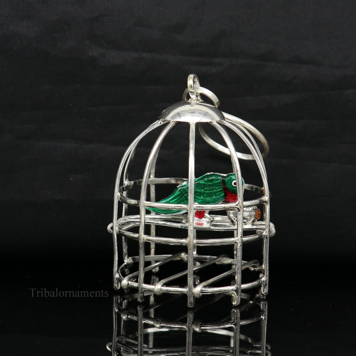 Solid sterling silver handmade toy for idol krishna, silver parrot with cage, silver article for gifting to God or idol Krishna, su446 - TRIBAL ORNAMENTS