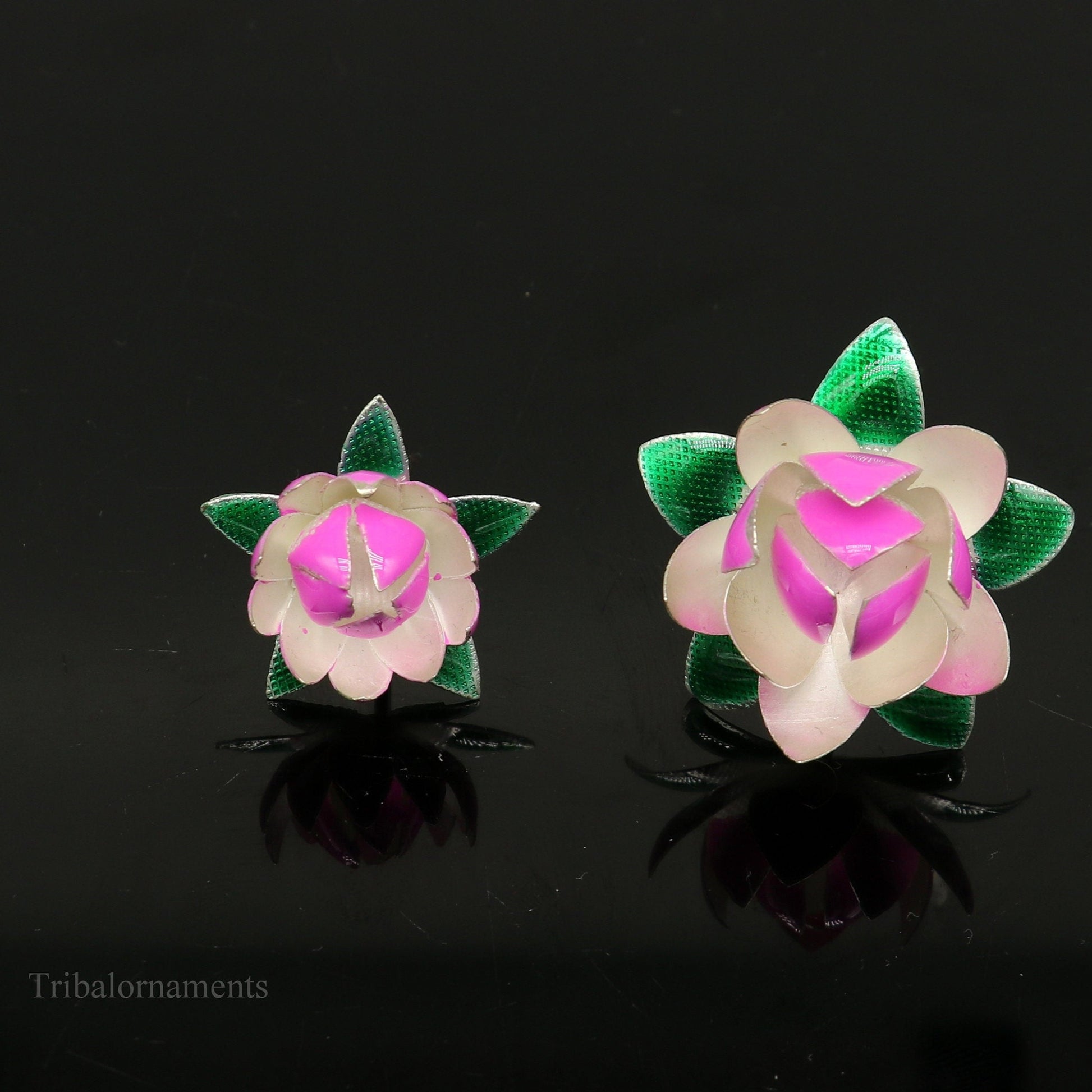 Solid sterling silver handmade small lotus flower puja god temple article, excellent customized enamel silver worshipping articles su448 - TRIBAL ORNAMENTS