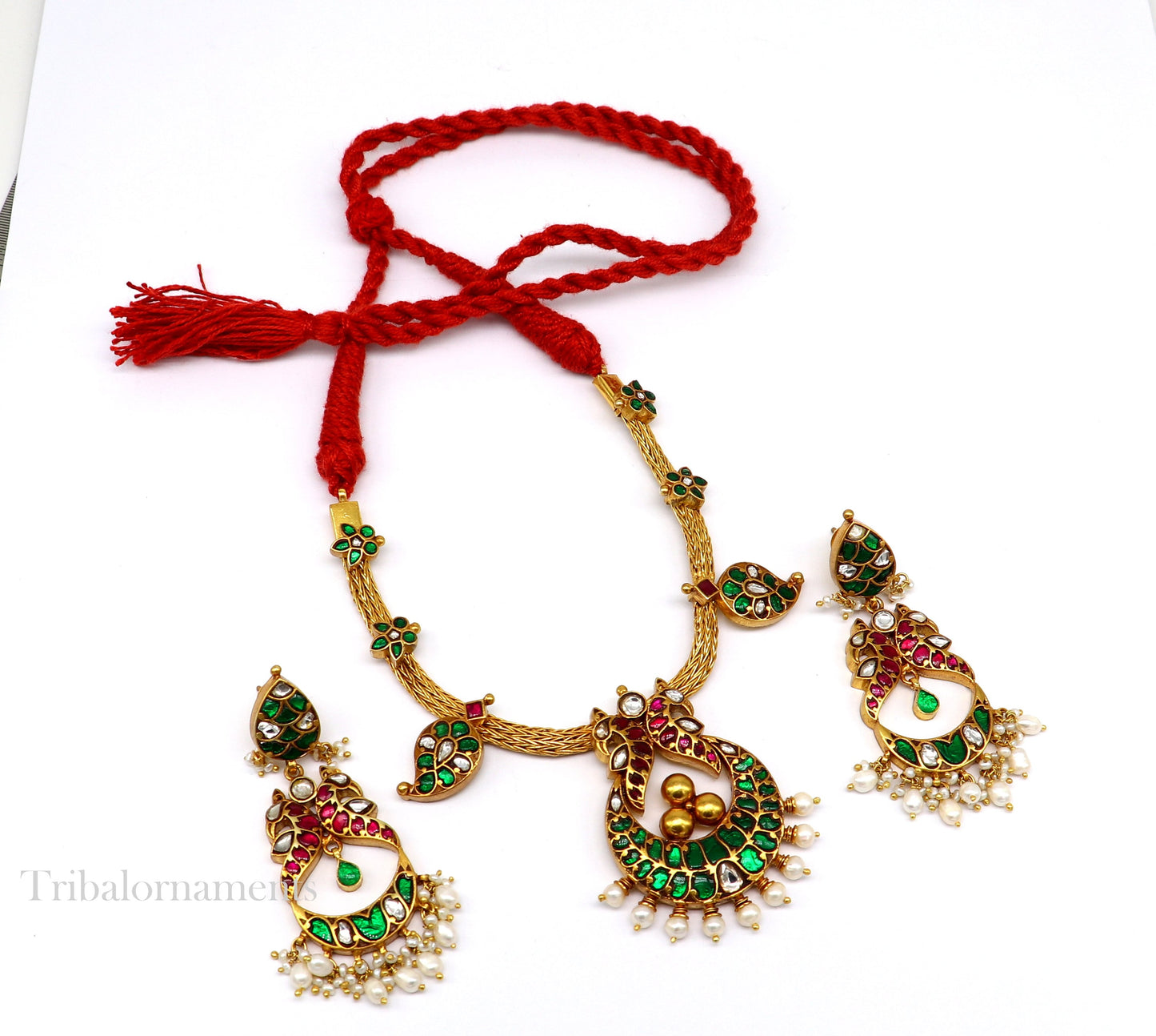 Peacock necklace Gold polished over 92.5 sterling silver Fabulous charm necklace, Stunning customized work pearls floral necklace set270 - TRIBAL ORNAMENTS