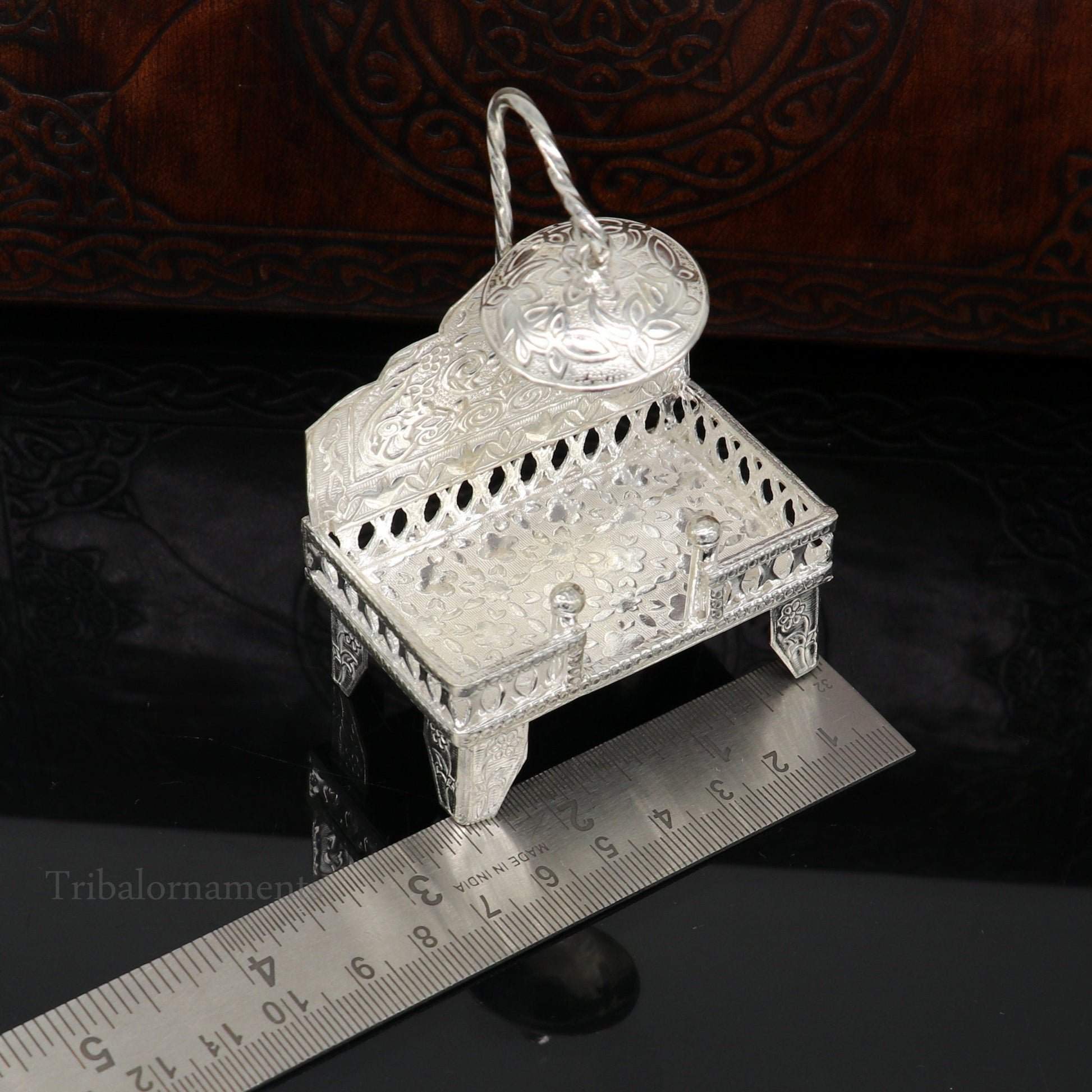 925 pure sterling silver handcrafted small singhasan, idol krishna Bal Gopala throne, god statue's stand chair, temple puja article su454 - TRIBAL ORNAMENTS