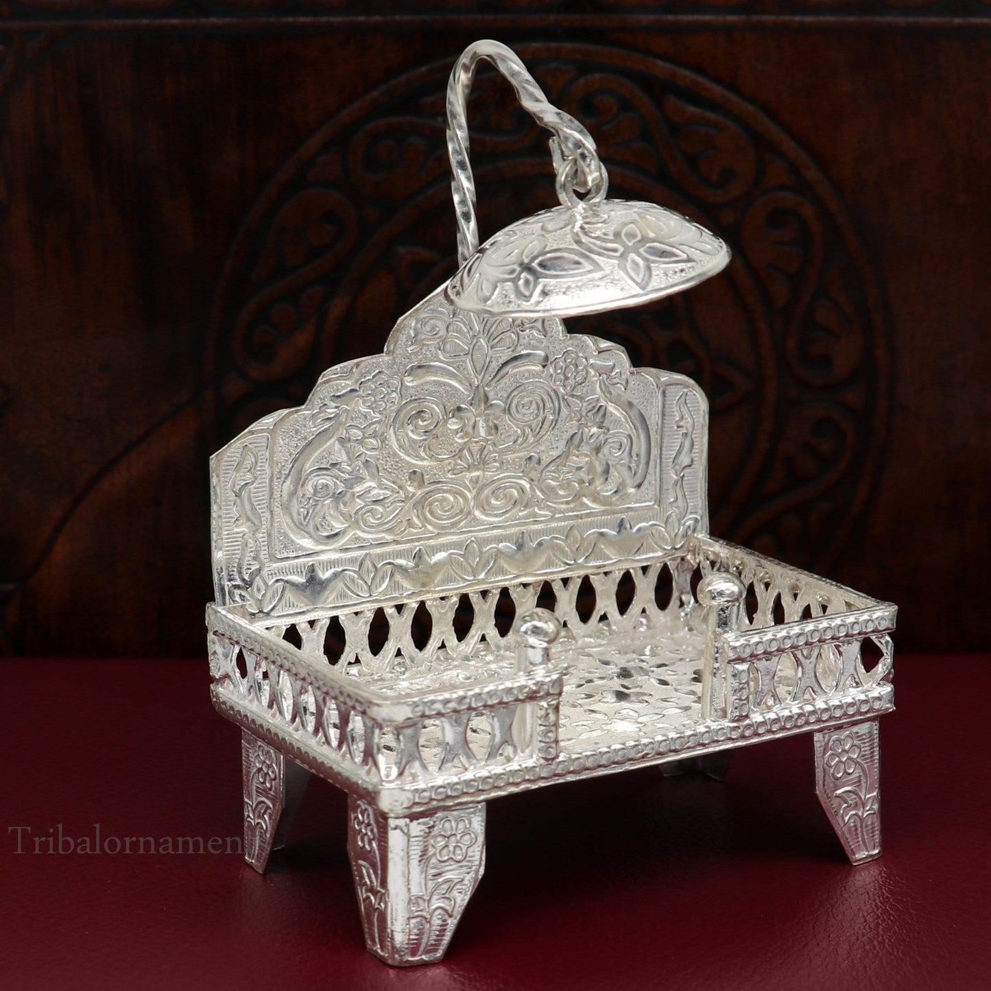 925 pure sterling silver handcrafted small singhasan, idol krishna Bal Gopala throne, god statue's stand chair, temple puja article su454 - TRIBAL ORNAMENTS