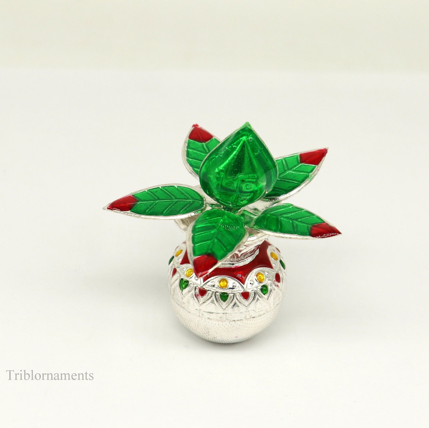 Sterling silver handmade fabulous design puja kalash & mango tree leaf and coconut, stunning worshipping silver articles, temple art su465 - TRIBAL ORNAMENTS