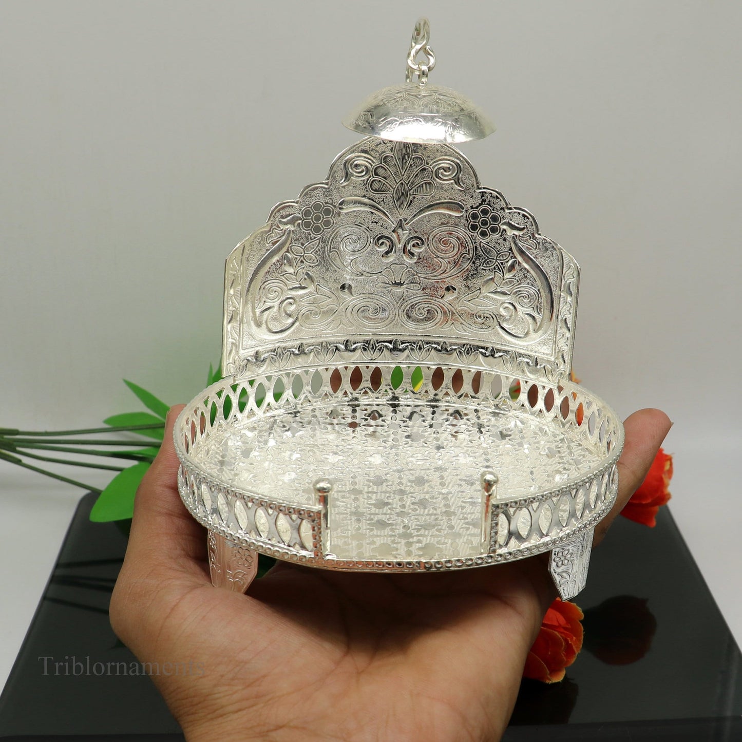 925 pure sterling silver handcrafted small singhasan, idol krishna , Ganesha throne, god statue's stand chair, temple puja article su471 - TRIBAL ORNAMENTS