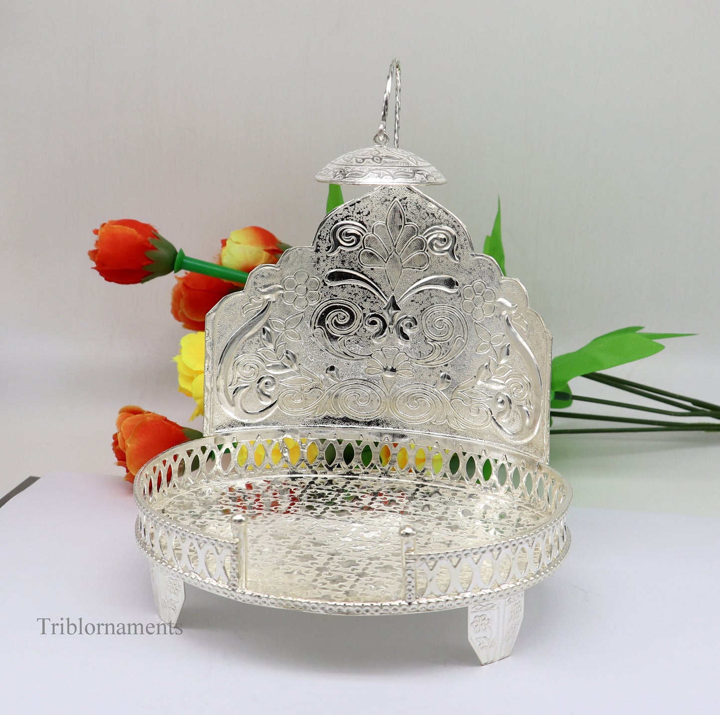 925 pure sterling silver vintage design Singhasan, idol Krishna, Ganesh throne, god statue's stand chair, temple puja article India su472 - TRIBAL ORNAMENTS