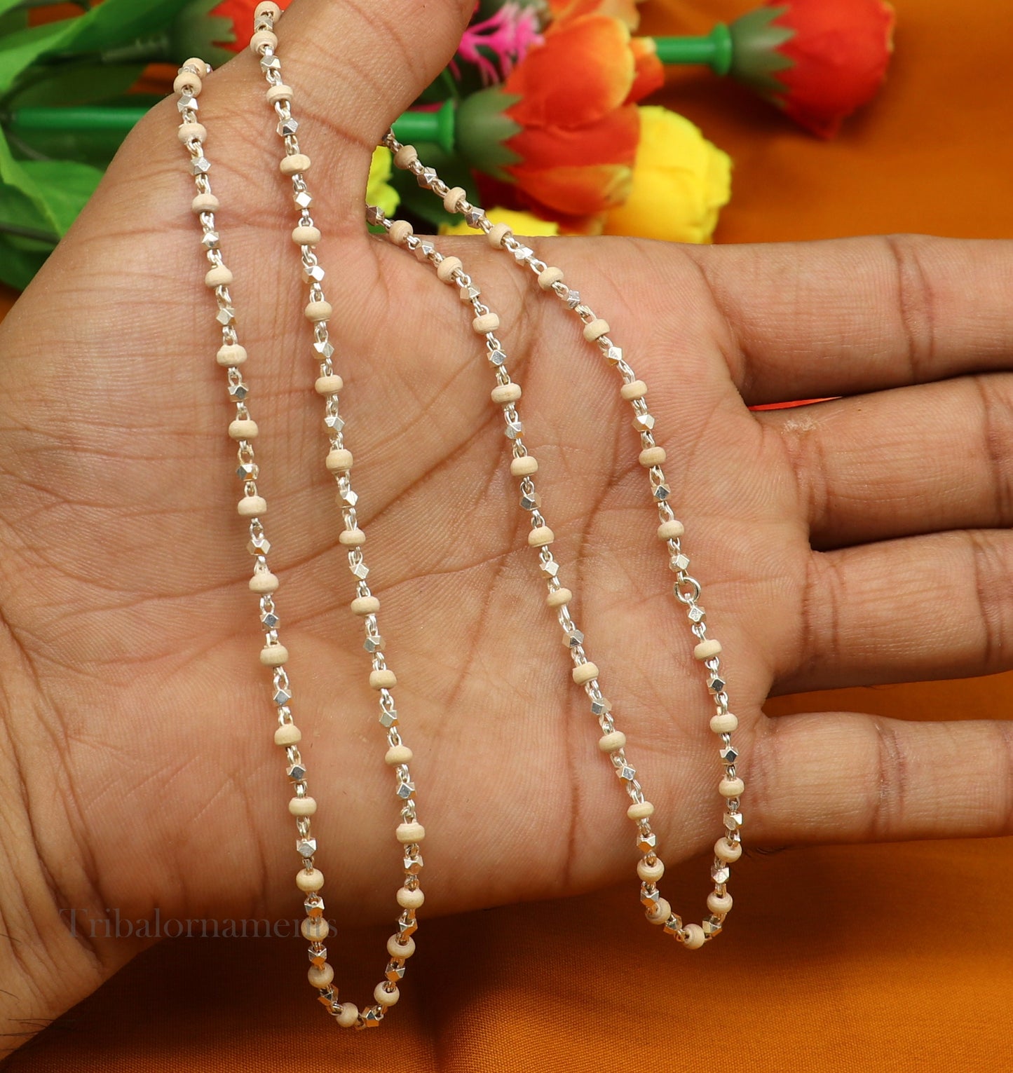 24" Sterling silver handmade wooden beads Holy basil rosary beads silver chain necklace unisex jewelry , tulsi mala customized necklace ch - TRIBAL ORNAMENTS