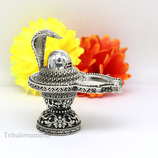 925 fine solid sterling silver lord Shiva lingam Jalheri With Snake, Stunning Divine god Shiva lingam, awesome handmade temple article su482 - TRIBAL ORNAMENTS