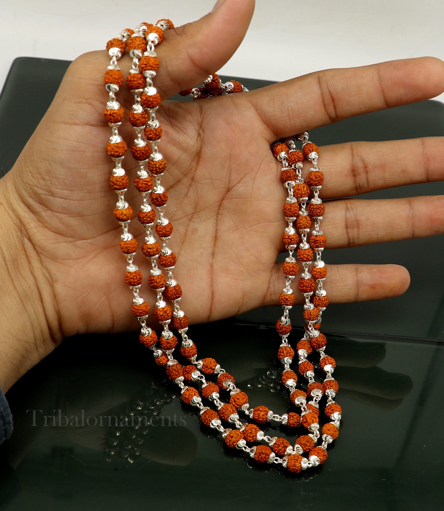 108 rudraksha japp mala Handmade Sterling silver gorgeous natural Rudraksh beads 54 inches necklace chanting praying meditation chain  ch39 - TRIBAL ORNAMENTS