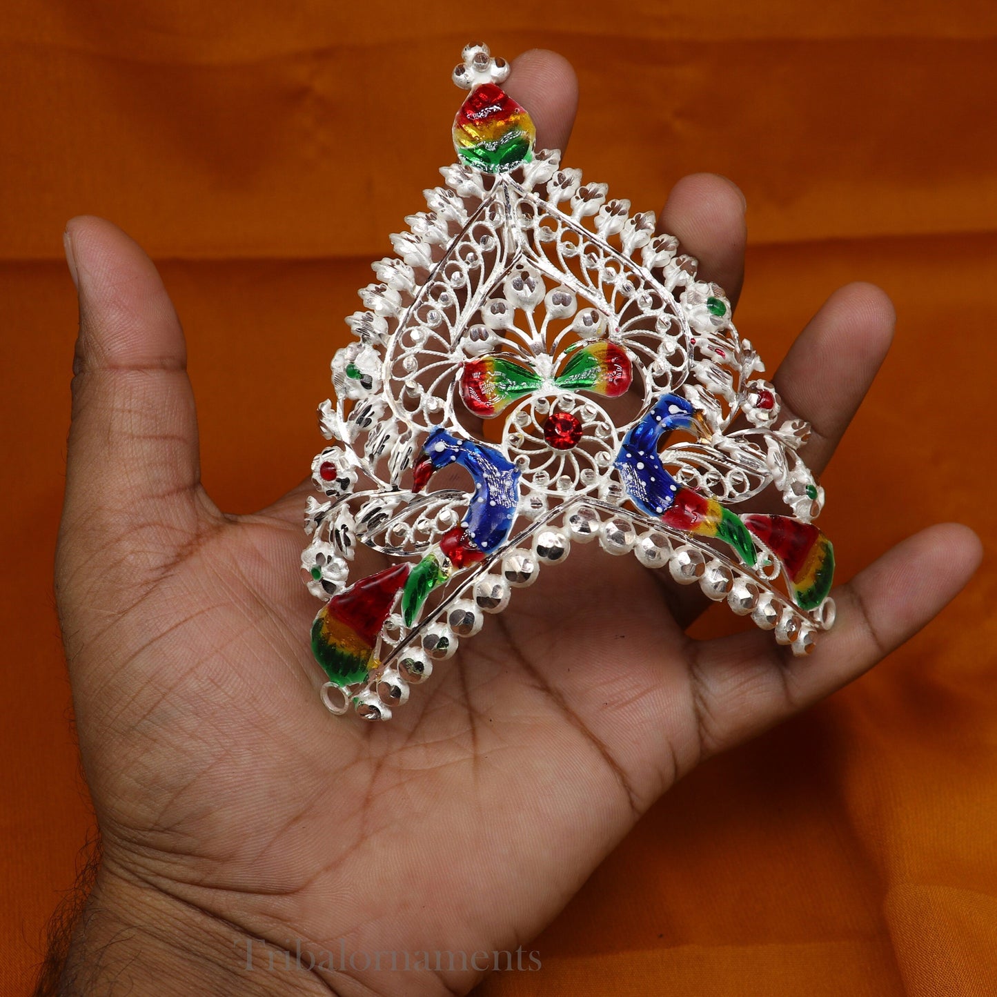 Solid sterling silver vintage antique design handmade mukut (crown), amazing peacock design silver god crown home temple god art su525 - TRIBAL ORNAMENTS