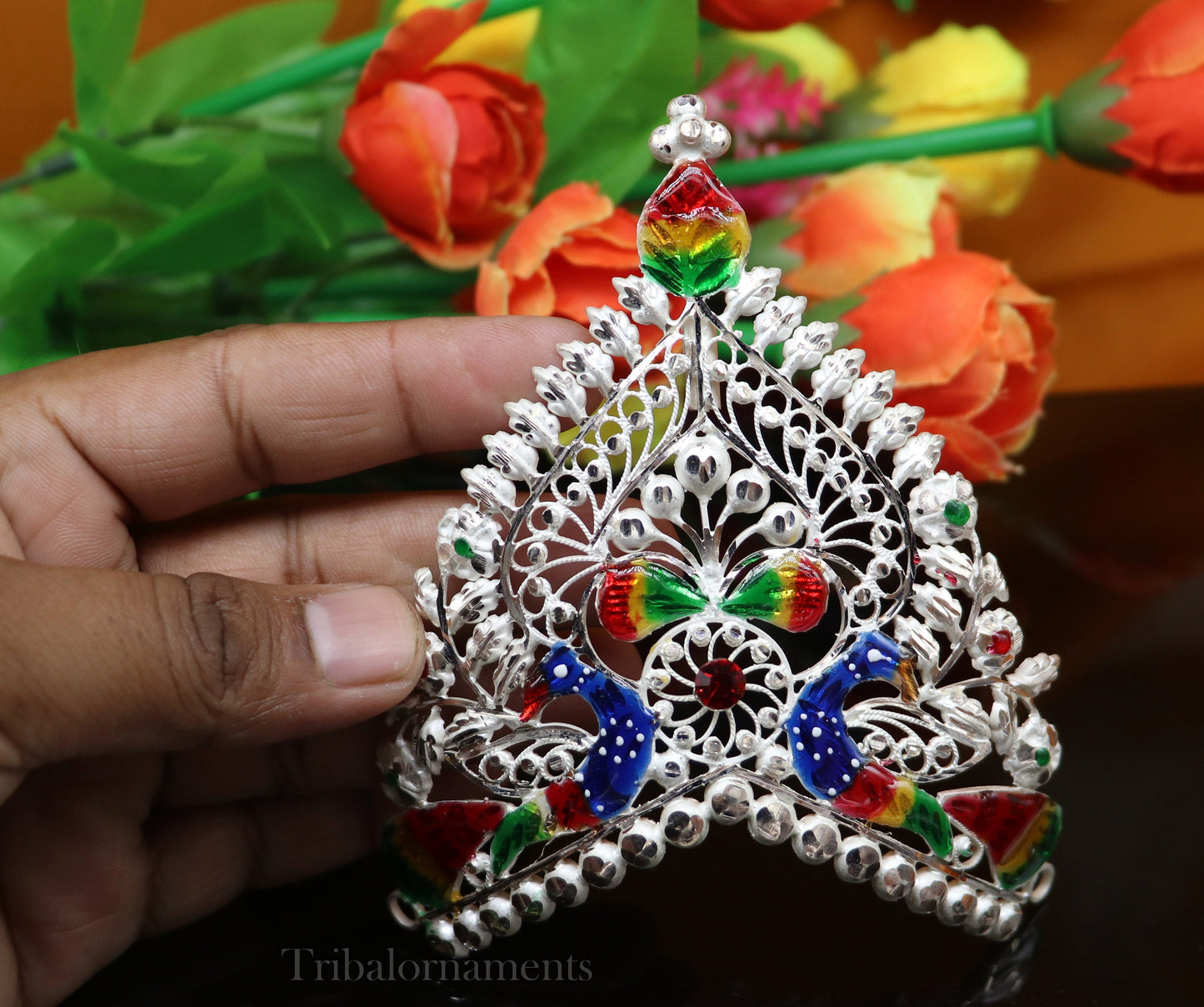 Solid sterling silver vintage antique design handmade mukut (crown), amazing peacock design silver god crown home temple god art su525 - TRIBAL ORNAMENTS