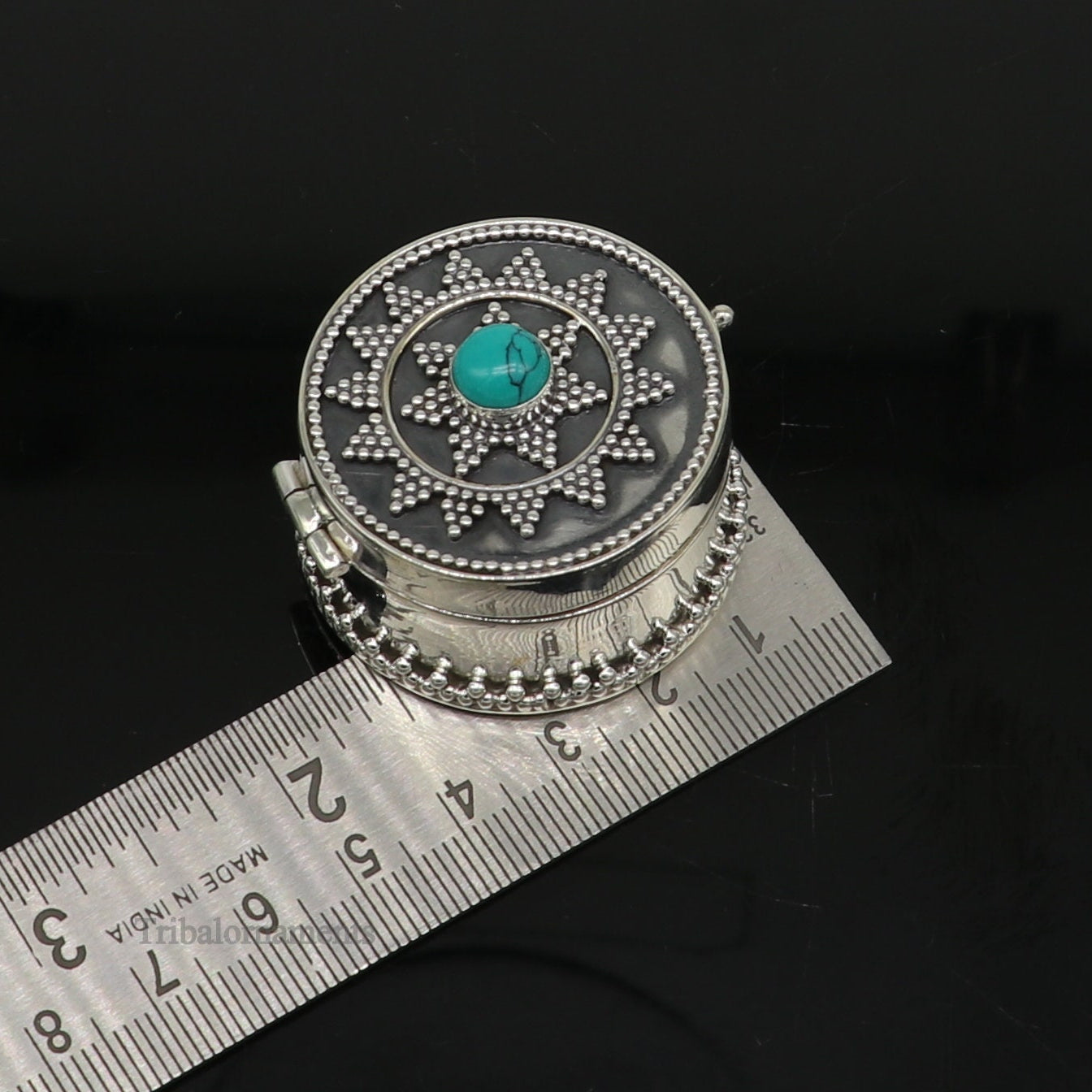925 sterling silver Stunning Rava work design turquoise stone trinket box, Sindoor box, brides gift collection silver stunning box stb222 - TRIBAL ORNAMENTS